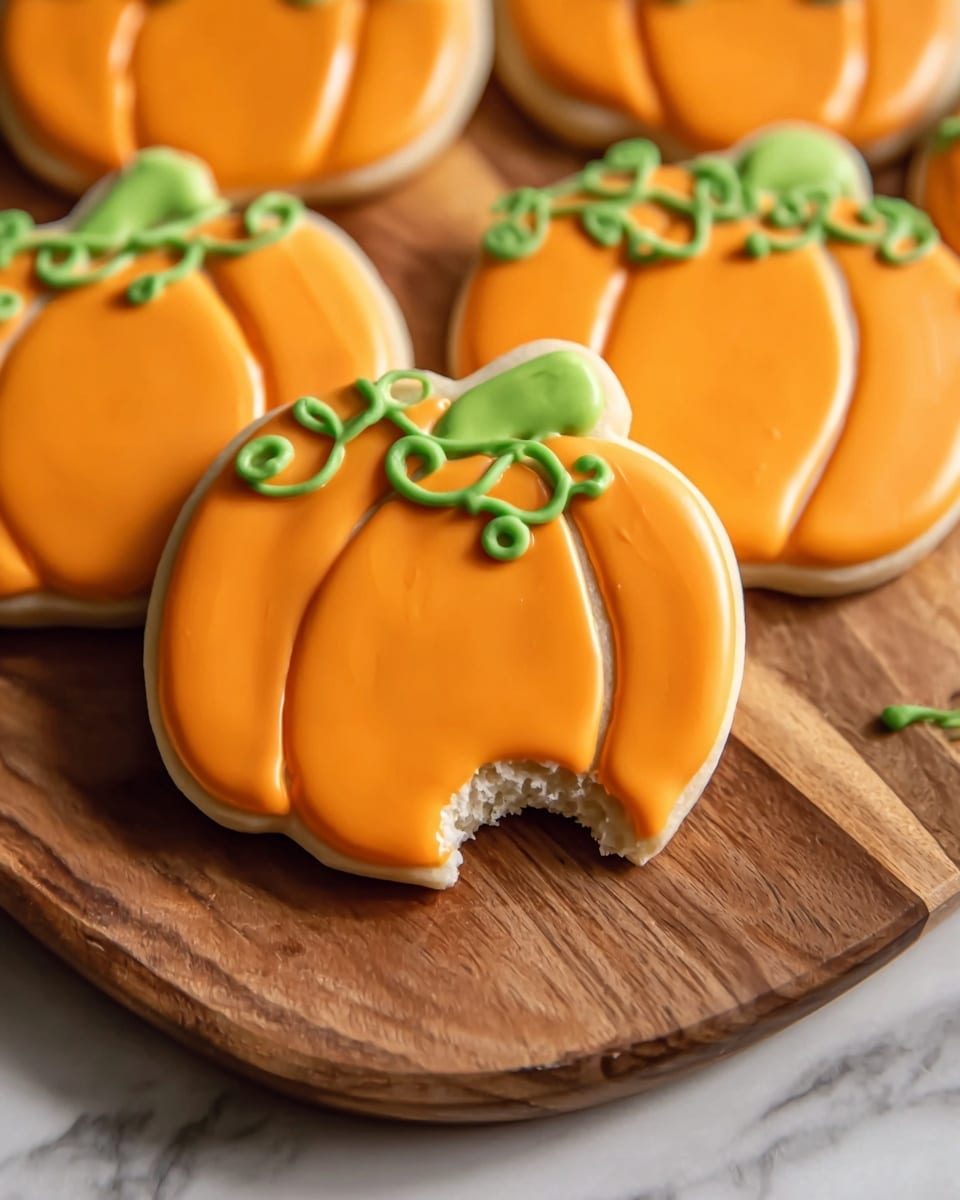The image shows pumpkin-shaped cookies on a wooden board. Each cookie has a smooth orange layer of icing covering the whole pumpkin shape, divided into three vertical sections by thin lines. On top, there is a small bright green stem with curly vines made from green icing. One cookie in the front has a bite taken out of its side, revealing the soft white cookie inside. The background is a white marbled surface. photo taken with an iphone --ar 4:5 --v 7