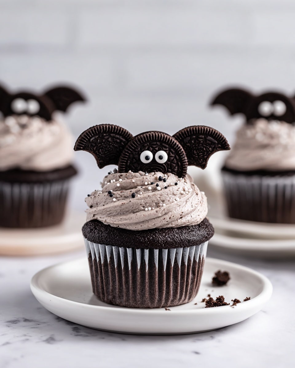 A dark chocolate cupcake in a white paper cup with two layers: the bottom is the cupcake itself, dark and rich, and the top is a light brown cream frosting mixed with cookie crumbs that is swirled thickly and topped with small white, black, and gray round sprinkles. On top, there is a whole chocolate sandwich cookie with two halves of the cookie placed on each side to look like bat wings. The cookie has two white candy eyes with black centers made from small candies or chocolate dots. The whole cupcake sits on a white marble surface with some crumbs scattered around, and in the blurred background, there are other similar cupcakes. photo taken with an iphone --ar 4:5 --v 7