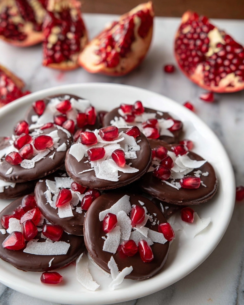 Five small round dark brown chocolate discs sit on a white plate with a soft glossy finish and decorative edges. Each disc is topped with bright red pomegranate seeds and thin white coconut flakes arranged in small clusters. The plate rests on a white marbled surface, and a white cloth with red stripes is partially visible nearby. The photo taken with an iphone --ar 4:5 --v 7