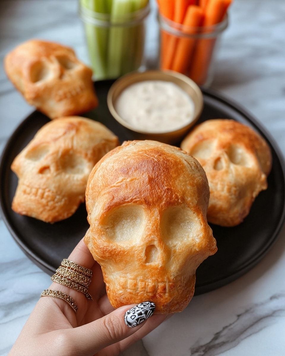 A close-up of a woman's hand holding a golden-brown skull-shaped pastry with a textured crust, showing detailed eye sockets and nose. In the background, there are five more similar skull-shaped pastries arranged on a black plate. Behind the plate, there are two glass jars filled with green celery sticks and orange carrot sticks, and a small bowl of creamy white dip on a white marbled surface. The woman's nails are painted with a black and white design and she wears a gold beaded ring on her thumb. Photo taken with an iphone --ar 4:5 --v 7