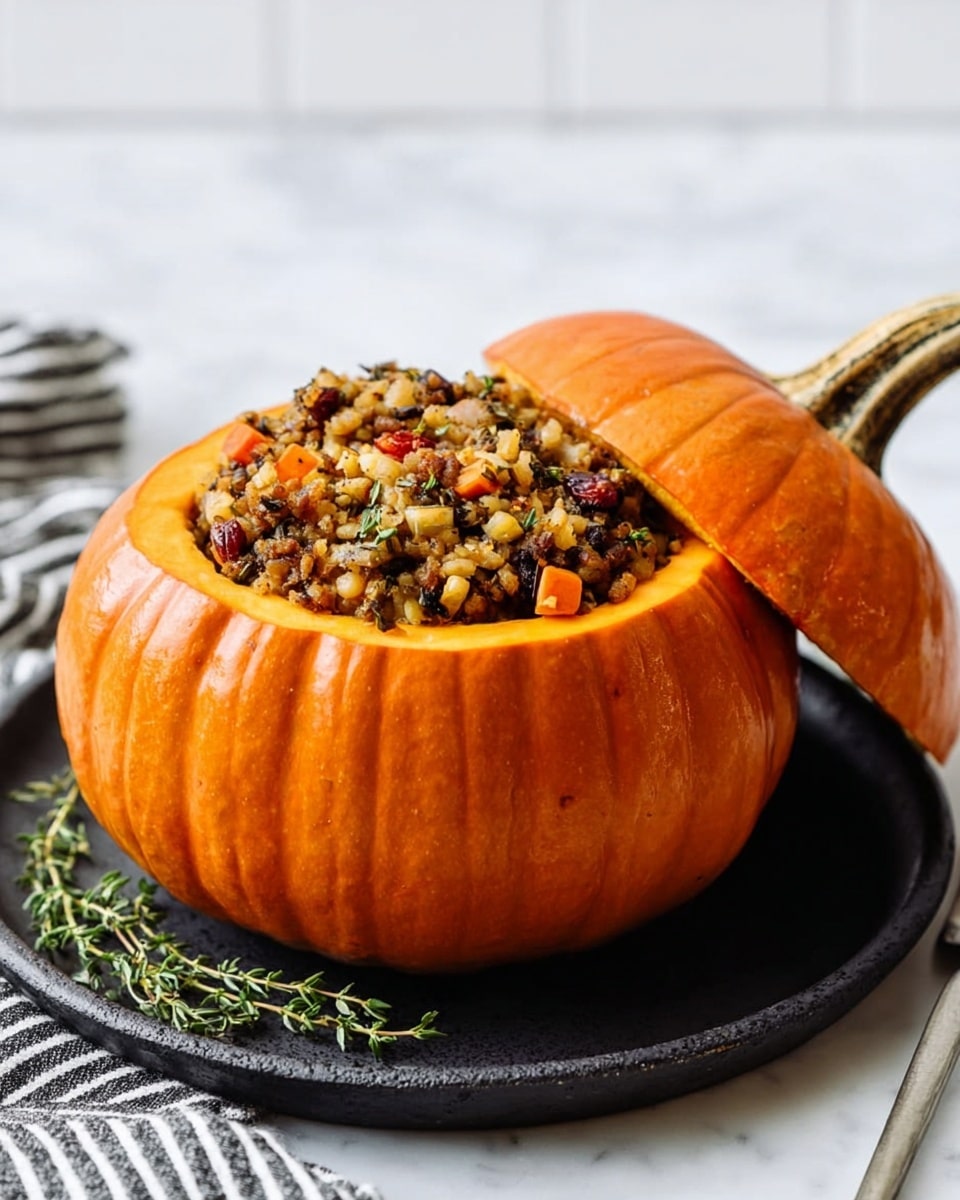 Three round orange pumpkins with smooth outer skins are placed on a metal baking tray with ridges. Each pumpkin is hollowed out, with the top lids removed and set beside them, showing the pale yellow inner flesh. The pumpkins are filled with a mixed stuffing of rice, small pieces of red and green vegetables, and bits of browned meat, creating a textured, colorful filling. A folded black and white striped cloth is partially visible on the left side, and the tray is set on a white marbled surface. photo taken with an iphone --ar 4:5 --v 7
