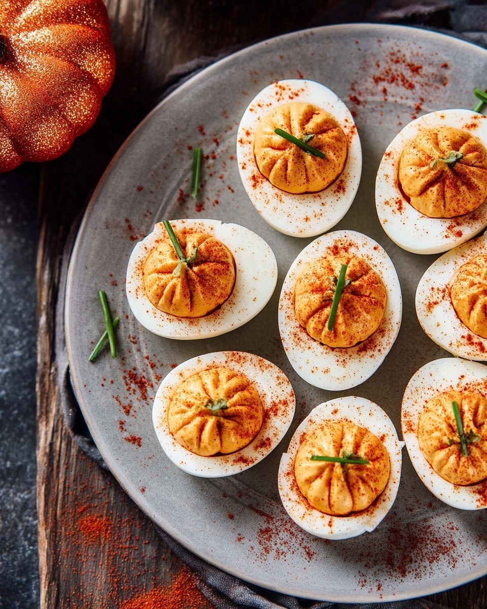 A woman's hand holds a half of a hard-boiled egg with a smooth, white outer layer and a bright orange creamy filling shaped like a pumpkin with fine ridges, sprinkled with red paprika powder and topped with a small green chive stem. In the background, a white plate with more of these eggs sits on a surface with a white marbled texture, and some blurred pumpkin decorations add a cozy, autumn feeling. Photo taken with an iphone --ar 4:5 --v 7
