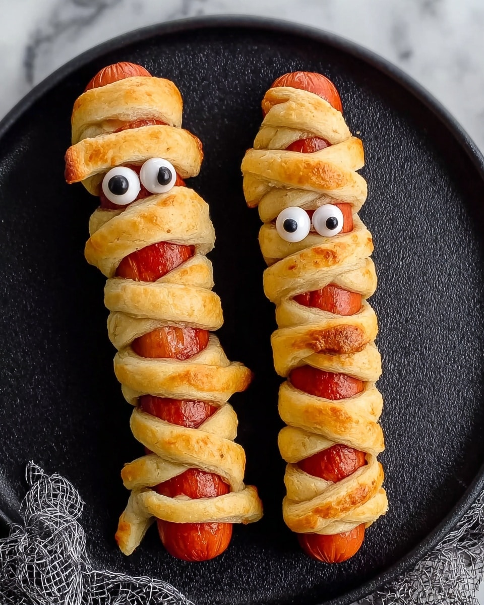 The image shows two small sausages wrapped in golden-brown puff pastry. Each sausage is covered with two thick strips of puff pastry spiraled around its middle and one round layer of pastry covering one end, giving the appearance of a mummy. On top of each sausage, near the pastry end, there are two white candy eyes with black centers, adding a playful look. The sausages and pastry sit on a dark plate with a blurred green background. Photo taken with an iphone --ar 4:5 --v 7