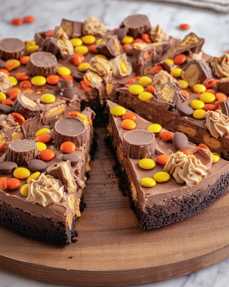 A round chocolate dessert with three clear layers: the bottom layer is dense and dark brown, the middle layer is a lighter, smooth milk chocolate, and the top layer is a thick milk chocolate frosting spread evenly. The top is decorated with whole peanut butter cups and colorful candy-coated chocolates in orange, yellow, and brown scattered across the surface. There are also small dollops of peanut butter-colored cream placed evenly on top. The dessert is on a wooden board, showing one slice being lifted with a silver spatula, revealing the smooth texture inside. The setting has a white marbled texture background. photo taken with an iphone --ar 4:5 --v 7