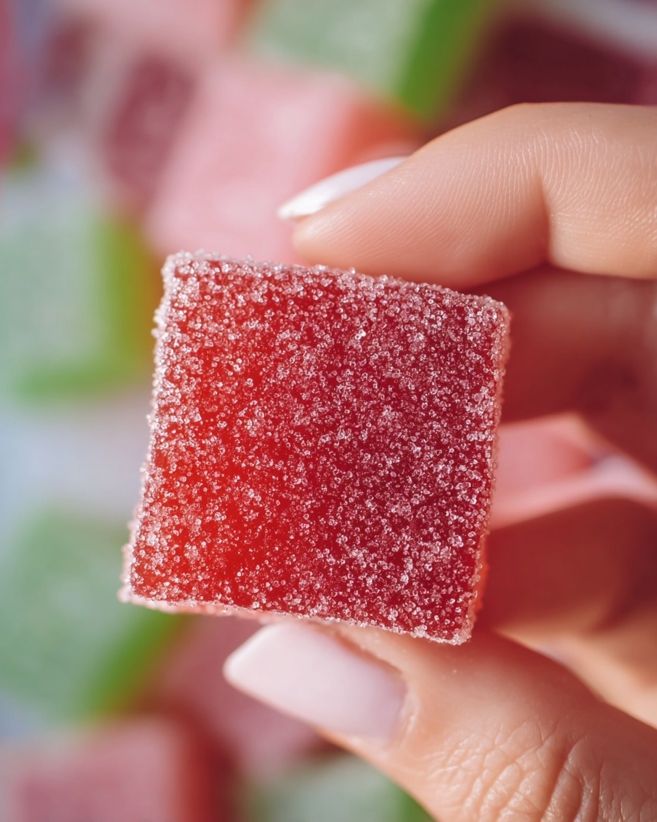 A close-up image of a woman's hand holding a single square red jelly candy covered in sugar crystals, showing a thick, smooth red layer with a grainy sugary texture on the surface. The background is softly blurred with hints of red and green jelly candies scattered on a white marbled surface. The candy is held gently between the woman's thumb and index finger with natural lighting highlighting the sugary texture and vibrant red color photo taken with an iphone --ar 4:5 --v 7