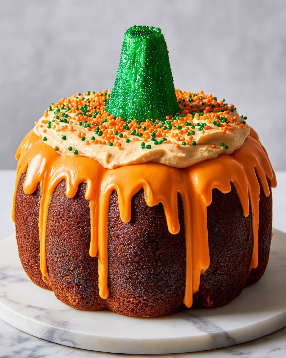 The image shows a pumpkin-shaped cake with two layers of brown cake stacked with orange frosting in the middle. The top of the cake is covered with thick, dripping orange frosting sprinkled with small orange beads. A green sparkly cone stands on the top center, resembling a pumpkin stem. A large slice is removed from the front, revealing a hollow filled with candy corn pouring out onto the white marbled surface below. The cake sits on a white round plate decorated with small colorful leaf-shaped sprinkles. A small white flag with writing is placed at the back of the cake. Photo taken with an iphone --ar 4:5 --v 7