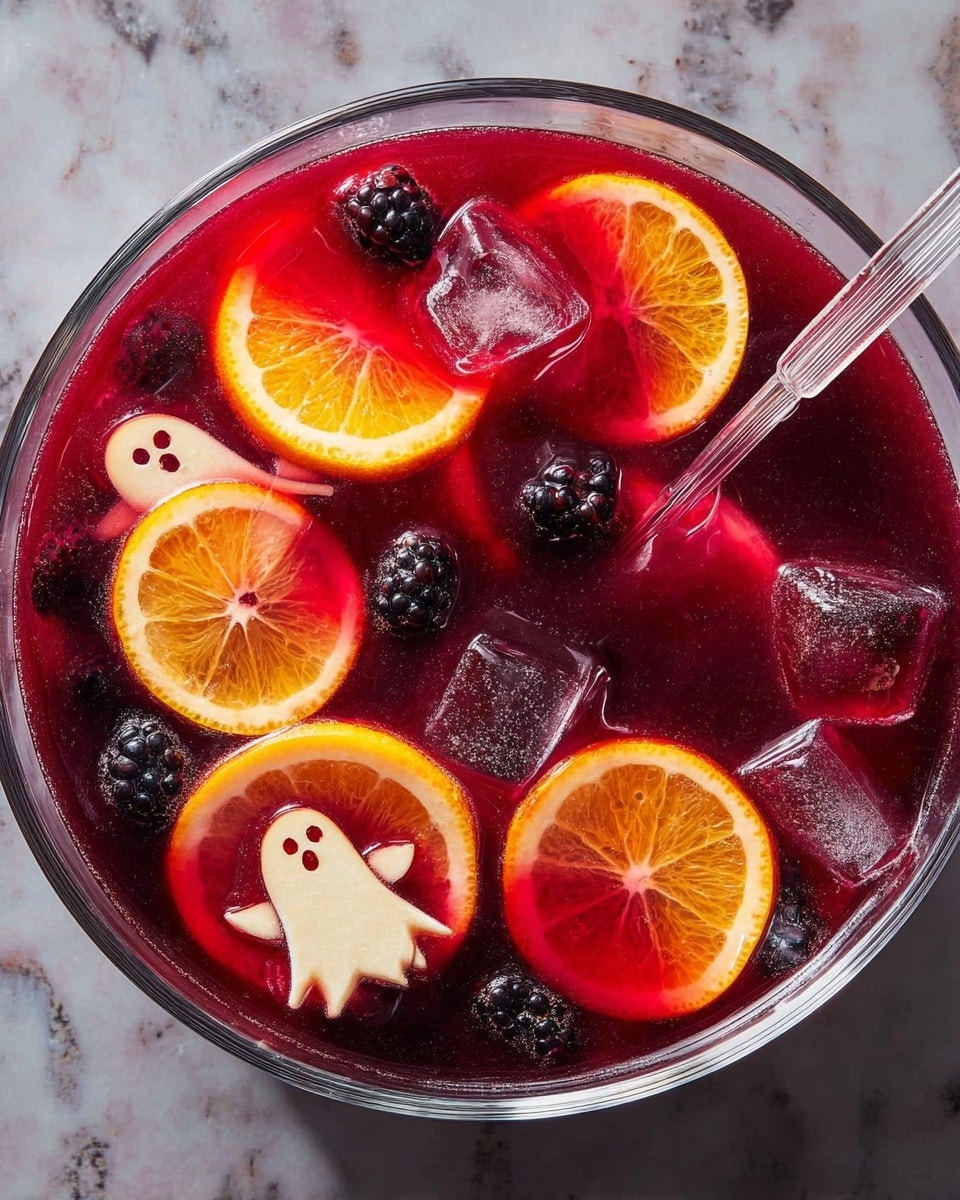 A large clear bowl filled with deep red punch showing floating layers of sliced blood oranges with vibrant orange and red color, blackberries scattered below the surface, and two pale ghost-shaped apple slices with small dark dot eyes near the top, along with a few ice cubes floating on the right side. The bowl is placed on a white marbled surface. A clear ladle with a long handle rests inside the bowl. photo taken with an iphone --ar 4:5 --v 7