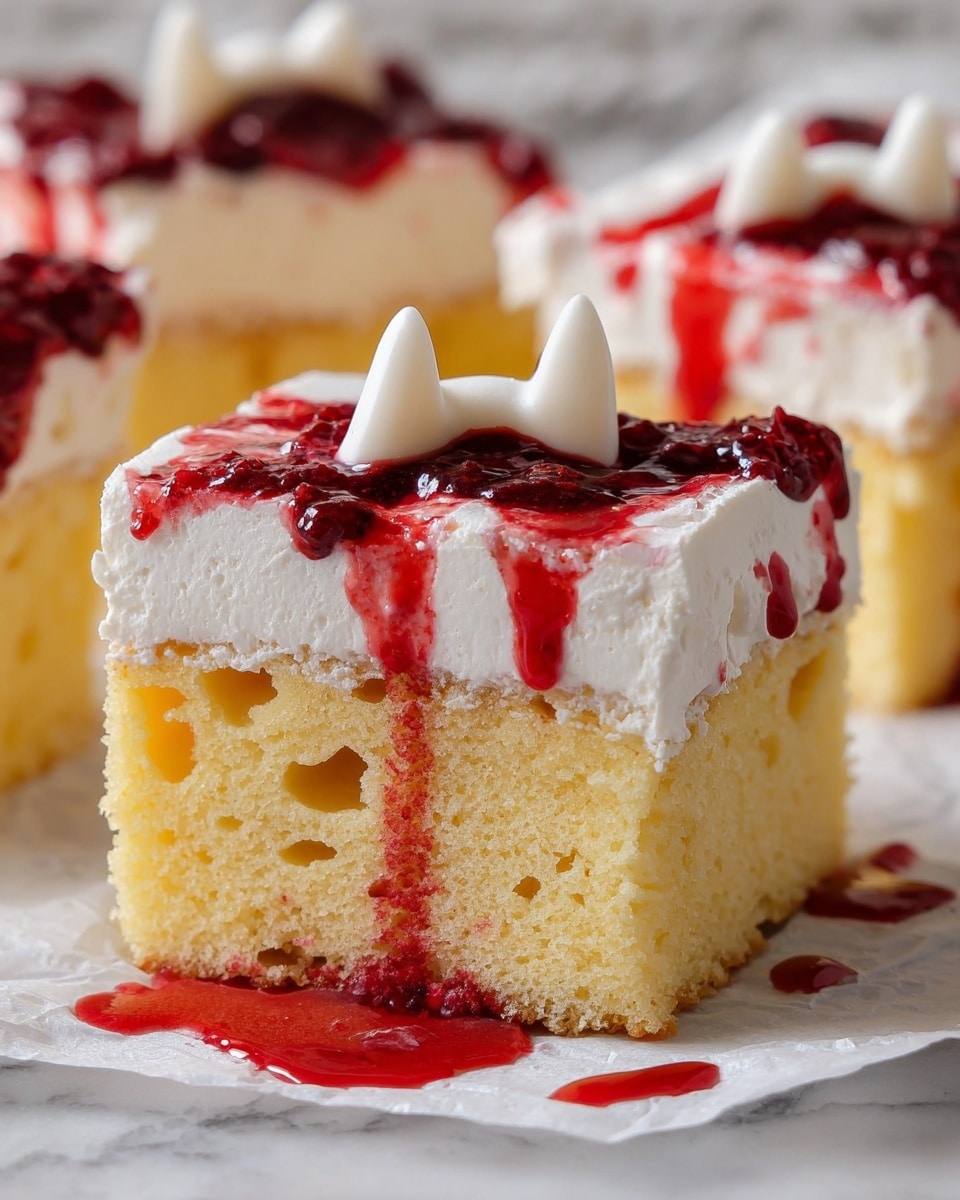The image shows a layered dessert cut into square pieces on white parchment paper over a white marbled surface. Each piece has three visible layers: a light golden base layer with a soft, fluffy texture, a thin dark red jam layer in the middle, and a thick white cream layer on top with smooth, slightly swirled texture. Red jam drops and smears are scattered on top of the cream and around the pieces, adding contrast and a fresh look. The arrangement is casual, with some pieces turned to show the layers clearly. Photo taken with an iphone --ar 4:5 --v 7