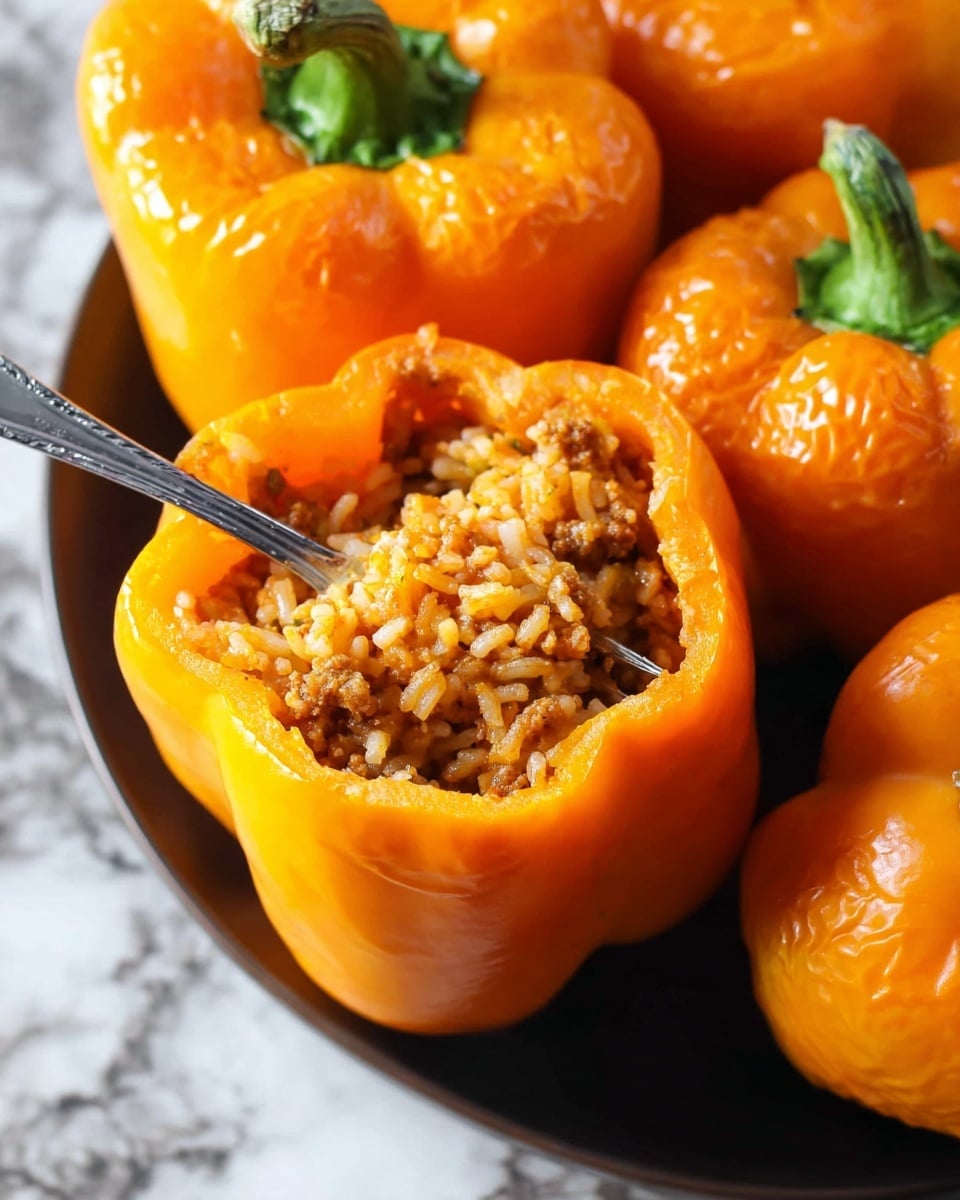 The image shows several whole orange bell peppers placed closely together on a surface with a white marbled texture. One pepper is open at the top, revealing a filling of cooked rice mixed with ground meat, held inside the hollowed pepper. A shiny silver fork is inside the open pepper, slightly stirring or scooping the filling. The peppers have a shiny, smooth, and slightly wrinkled texture with bright green stems visible on whole peppers. The overall scene focuses on the vibrant orange color of the peppers and the mixed textures of the filling inside. Photo taken with an iphone --ar 4:5 --v 7
