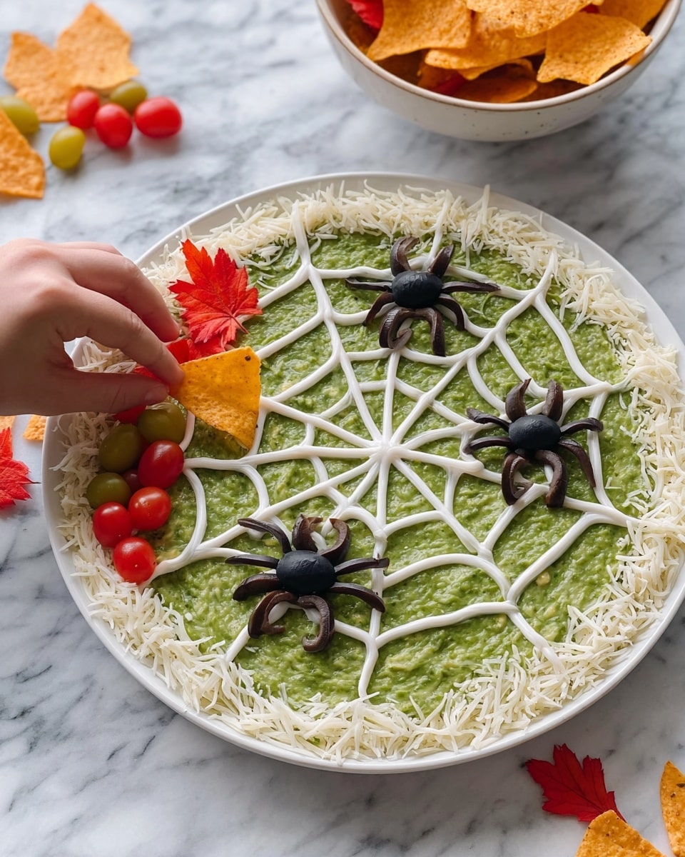 A white plate holds a green dip spread evenly as the base layer, topped with a spider web design made from white sauce that is drawn across the entire surface. Two black olive halves create the bodies of two spiders, with sliced black olives arranged as legs radiating from them on the web. Shredded white cheese lines the edge of the plate, framing the dip. A woman's hand is placing a red leaf-shaped chip partially dipped into the green spread on the left side. On the right edge of the plate, there are small cherry tomatoes in red and green colors. In the background, there is a white bowl filled with yellow and red leaf-shaped chips. The surface underneath is a white marbled texture. photo taken with an iphone --ar 4:5 --v 7