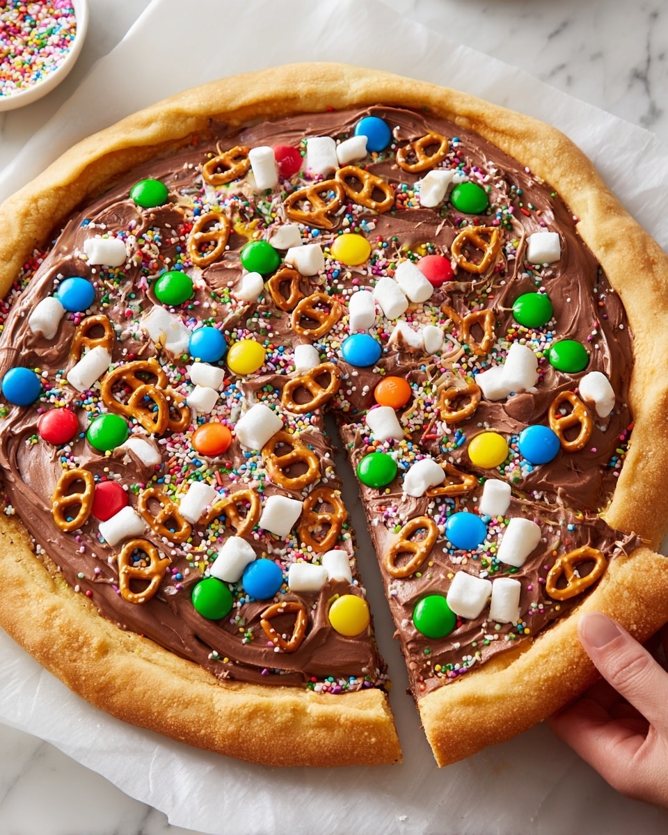 A large dessert pizza with a thick, golden brown crust forms the base. The first layer is a smooth, shiny spread of milk chocolate covering the entire surface, stopping just before the crust edge. Scattered evenly on top are colorful candy-coated chocolate pieces in green, blue, red, yellow, and orange, along with small white marshmallows and twisted pretzels adding texture. Sprinkles in various bright colors are sprinkled all over, giving the pizza a fun, vibrant look. The pizza is placed on white parchment paper over a white marbled surface. A woman’s hand is holding one large slice at the bottom right corner, slightly pulling it away from the rest. Photo taken with an iphone --ar 4:5 --v 7