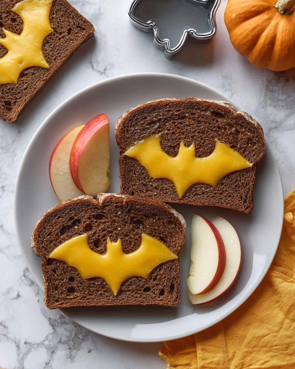 The image shows a blue plate on a white marbled surface holding three pieces of dark brown bread with bat-shaped cutouts filled with melted orange cheese. There are two bat-shaped bread cutouts placed near the plate, one above it and one on a yellow cloth below it. Three slices of red apple with white flesh rest on the plate near the bottom left side. A metal bat-shaped cookie cutter is visible near the top right corner, and a small orange pumpkin is placed near the bottom right corner outside the plate. photo taken with an iphone --ar 4:5 --v 7