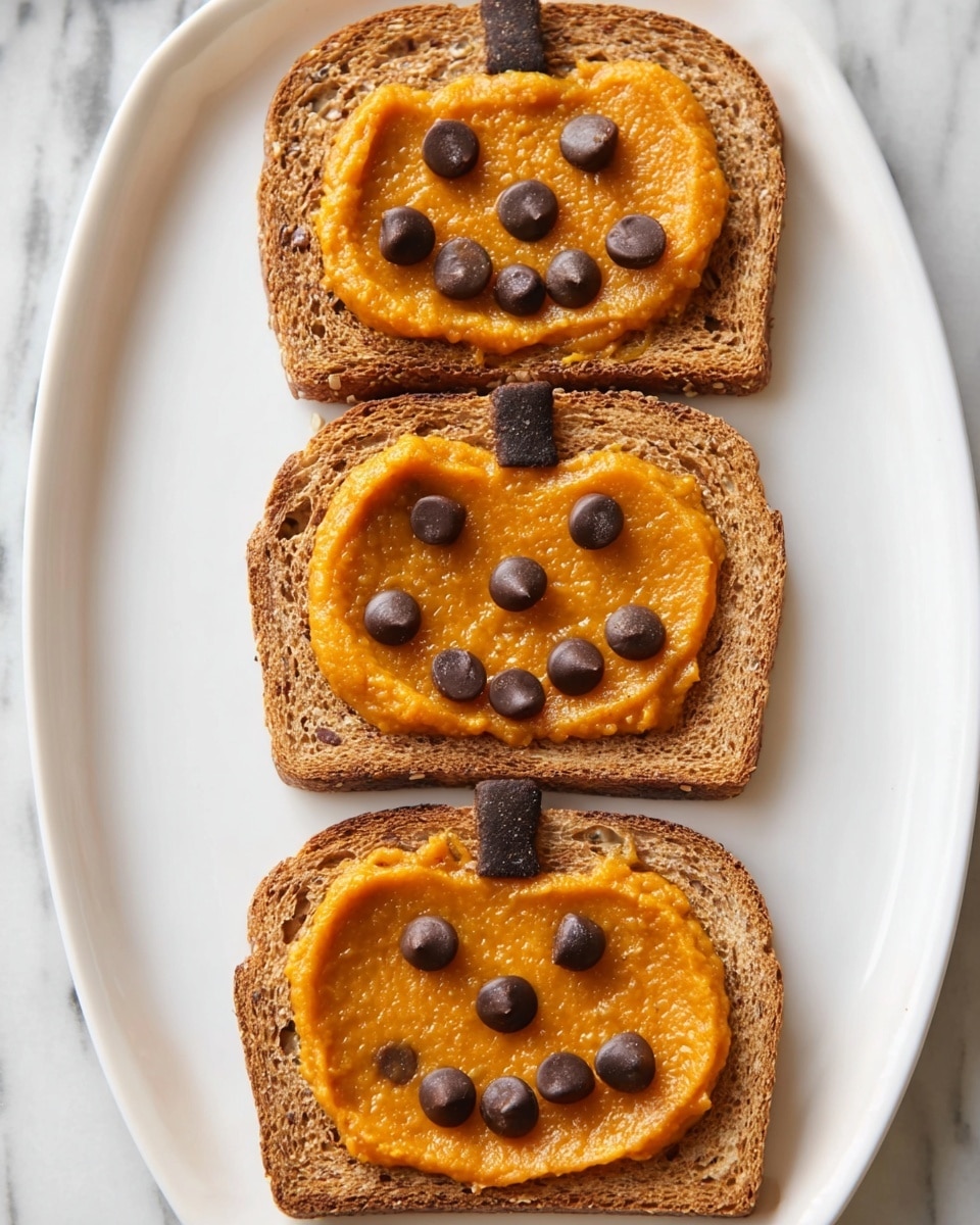 Three pieces of toasted whole grain bread lay on a white plate and a white marbled surface. Each toast has a layer of smooth orange pumpkin spread shaped like a pumpkin with a small stem at the top. The pumpkin faces are made with round dark chocolate chips forming eyes and mouths, with different expressions: one smiles, one shows surprise, and one looks like it’s smiling with a round mouth. A small jar filled with the same orange pumpkin spread sits near the toasts. A whole orange pumpkin is visible in the top right corner of the image. Photo taken with an iphone --ar 4:5 --v 7