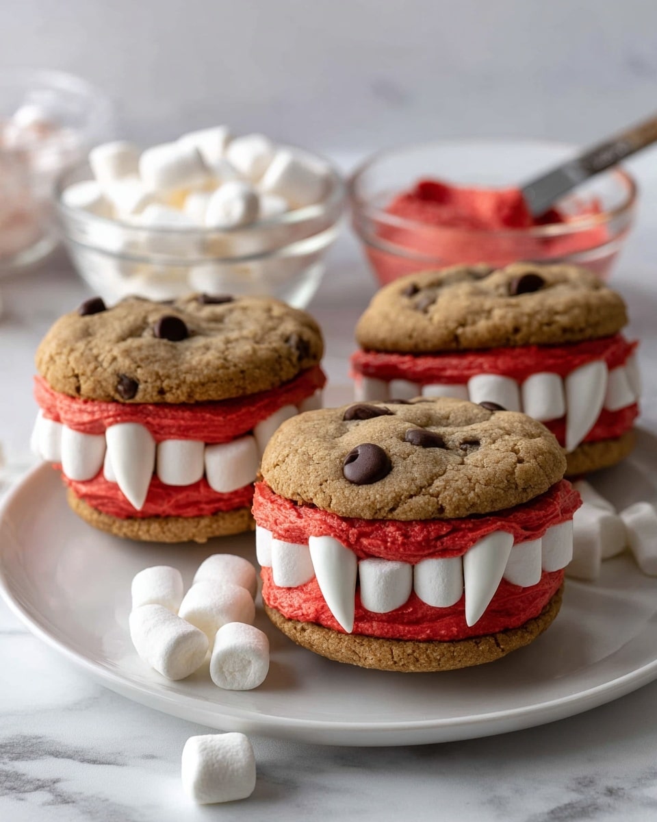 Three cookie sandwiches sit on a white plate on a white marbled surface. Each sandwich has two soft, brown chocolate chip cookies as the top and bottom layers. Between the cookies, there is a thick red frosting layer with white mini marshmallows placed vertically to look like teeth. Two long, pointy almond slices are added on each sandwich, sticking out to appear like vampire fangs. In the background, there are clear bowls filled with mini marshmallows and more red frosting with a knife holding some frosting nearby. photo taken with an iphone --ar 4:5 --v 7