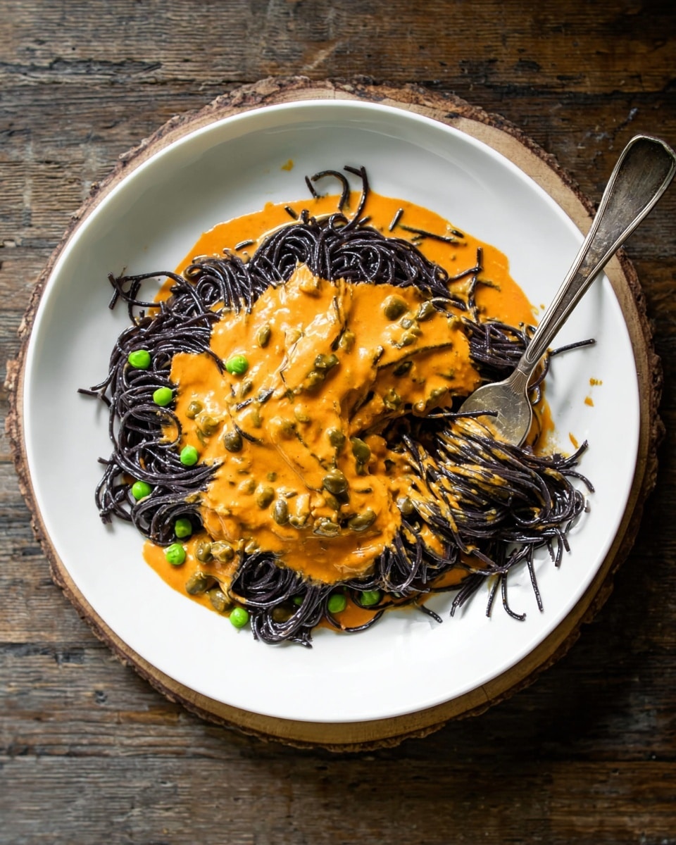 A white plate holds a twisted nest of black pasta arranged in a loose circle covering the base. On top, a thick layer of bright orange sauce spreads unevenly with some lighter cream swirls, dotted with a few green peas scattered across the sauce. A spoon is partially submerged in the sauce and pasta on the right side of the plate, lifting some black strands mixed with sauce and a pea. The plate sits on a round wooden surface with a rustic feel. Photo taken with an iphone --ar 4:5 --v 7