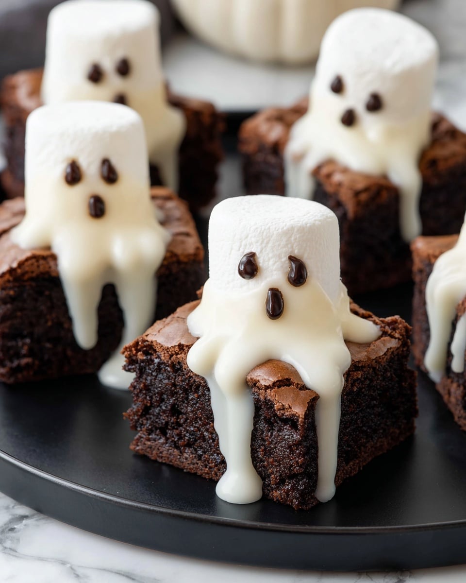 The image shows several square chocolate brownies, each topped with a large white marshmallow that looks like a ghost. The marshmallow is coated with a thick white melted layer that drips down the sides of the brownie. Each marshmallow ghost has two small dark dots for eyes and one larger dark dot for a mouth on the front. The brownies have a cracked textured top and a rich, dark brown color. The treats are placed on a round black plate set against a background with a white marbled texture. Photo taken with an iphone --ar 4:5 --v 7