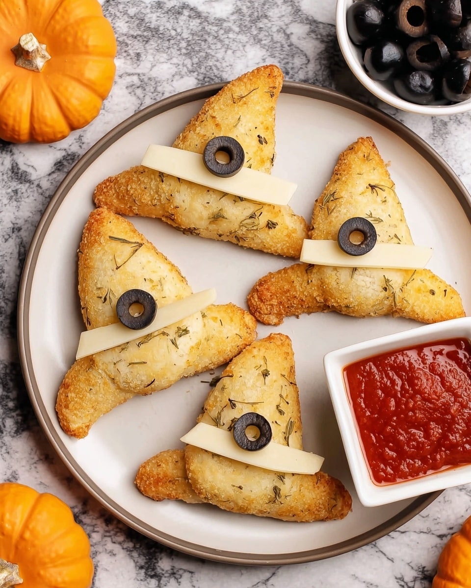 The image shows a small witch hat snack made of a crescent-shaped bread or pastry with a light golden-brown color and some seasoning on top, placed on a white marbled surface. The hat has two main parts: the curved pointed tip standing up and the base curved around to form the bottom part. There is a thin cream-colored slice of cheese wrapped around the bottom part to form a hatband. On the cheese sits a single black olive ring, placed in the center like a decoration. Behind the hat, there is a white square bowl filled with red dipping sauce. In the background to the left, there are two small pumpkins, one bright orange with white speckles and one off-white, and to the right, there is a clear container with more black olive rings. Photo taken with an iphone --ar 4:5 --v 7