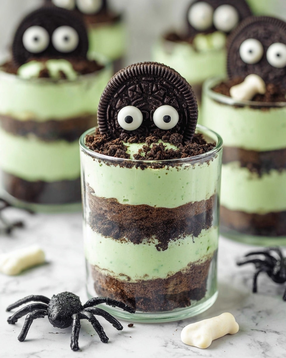 The image shows a clear glass cup with a layered dessert inside, featuring three main layers. The bottom layer is dark brown crumbly cookie pieces, followed by a thick pale green creamy layer, then another dark brown crumbly layer, topped again with pale green cream. On top of the cream is a large dark brown cookie with a green frosting layer, decorated with two candy eyes—one large white eye with a black center and one smaller white eye with a black center. Small white candy pieces are scattered on the green cream and cookie crumbs on the surface. The background is a white marbled texture. photo taken with an iphone --ar 4:5 --v 7