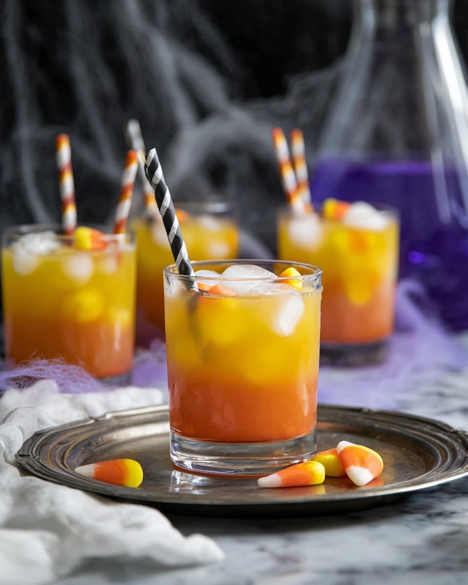 The image shows a clear glass filled with a two-layer drink: the bottom layer is bright yellow and the top layer is orange, both layers separated clearly. The drink has ice cubes floating on top, and a candy shaped like candy corn rests on the ice. A striped straw with black, white, and orange colors is placed inside the glass. The glass sits on a silver round tray with some candy corn candies on the tray near the glass. In the background, there are three more glasses with the same drink, each garnished with candy corn skewers on top. The setting includes a dark, blurred background with white marbled texture underneath, some white cloth, and a white flask with purple liquid that helps add color contrast. Photo taken with an iphone --ar 4:5 --v 7