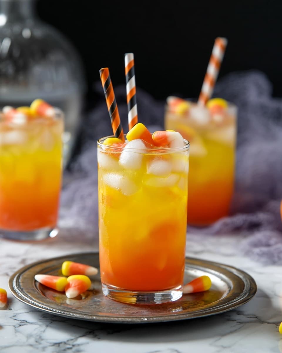 The image shows a clear glass with two layers of drink: the bottom layer is bright yellow and the top layer is orange, filled with ice cubes. On top of the ice, there are candy pieces that look like candy corn with yellow, orange, and white colors. A striped straw with black, orange, and white colors stands upright in the drink. The glass is placed on a round metal tray with a few more candy corn pieces nearby. In the background, there are two more similar glasses with the same layered drink and candy, all set on a white marbled surface. Photo taken with an iphone --ar 4:5 --v 7