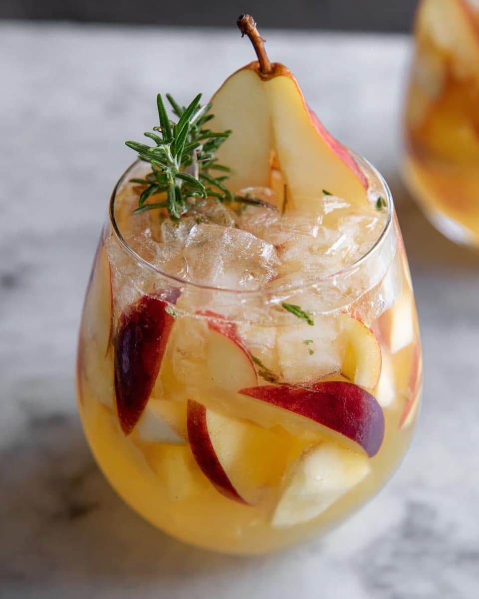 A large round glass filled with a light yellow drink layered with crushed ice almost to the top. Slices of pear and red-skinned fruit, likely nectarine or peach, are dropped throughout the drink, creating a mix of pale yellow and deep red colors. On top, there is a garnish of a half pear slice with a stem and a small green sprig, likely rosemary. The glass sits on a white marbled surface. photo taken with an iphone --ar 4:5 --v 7