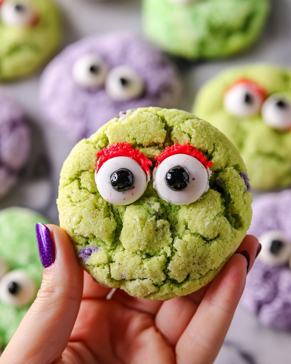 A close-up of a bright green round cookie with a rough texture, held by a woman's hand with purple nail polish on a white marbled surface. The cookie has two large red and white candy eyes with black centers placed in the middle, giving it a playful look. In the background, more cookies in green and light purple colors with candy eyes are softly blurred. photo taken with an iphone --ar 4:5 --v 7