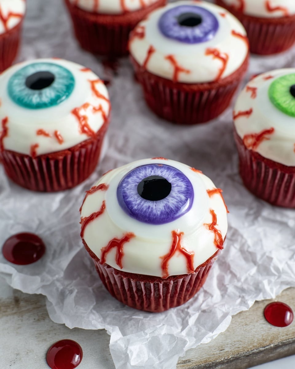 The image shows a group of red cupcakes arranged on white parchment paper over a white marbled surface. Each cupcake has three main layers: the bottom layer is a bright red cake, the middle layer is a thick, smooth white frosting, and the top layer is decorated like an eyeball. On top of the white frosting, there is a round candy that looks like an iris, in different colors such as green, blue, and purple with a shiny black circle in the center representing the pupil. Around the candy iris, there are red lines that look like blood vessels, made with a syrupy red sauce that also drips slightly on the parchment paper. The photo taken with an iphone --ar 4:5 --v 7