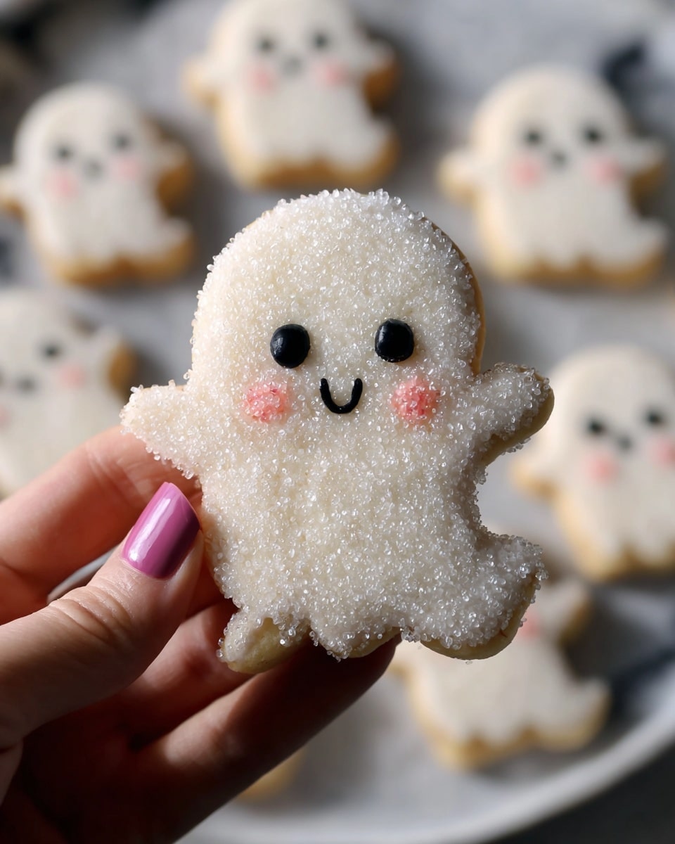 A baking tray filled with several ghost-shaped cookies, each with a light golden brown base and a thick white sugar coating layer on top, giving them a grainy texture. Each ghost has two small round black eyes and a small curved black mouth near the top center, along with two small round pink cheeks on each side of the mouth. The cookies have soft, rounded edges with a wavy bottom that suggests a floating ghost shape. The tray is lined with a beige silicone baking mat, and in the bottom left corner, a woman's hand with purple nail polish is about to pick a cookie. The background around the tray shows a white marbled texture. photo taken with an iphone --ar 4:5 --v 7