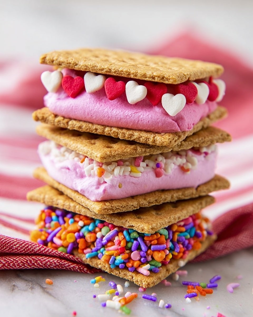 A close-up of a woman's hand holding a sandwich made of two light brown graham crackers with a thick layer of smooth, light pink cream in between. The sandwich layers are distinct, with the pink cream slightly puffed and soft in texture, sandwiched symmetrically by the crackers. In the background, a stack of similar sandwiches with colorful sprinkles on the cream is visible, all placed on a white plate sitting on a white marbled surface with a red-and-white striped cloth underneath. Photo taken with an iphone --ar 4:5 --v 7