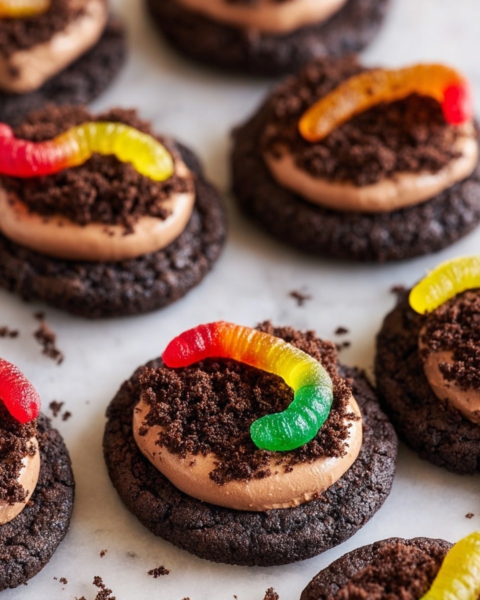 A close-up shows a woman's hand holding a round chocolate cookie with three layers: a dark brown crumbly chocolate cookie base, a middle layer of smooth milk chocolate frosting tinted with a lighter brown color, and the top is covered with finely crushed dark cookie crumbs. A gummy worm with bright green, orange, and translucent brown colors lies curled on top of the frosting and crumbs, giving a playful touch. The background shows more similar cookies scattered on a white marbled surface. Photo taken with an iphone --ar 4:5 --v 7