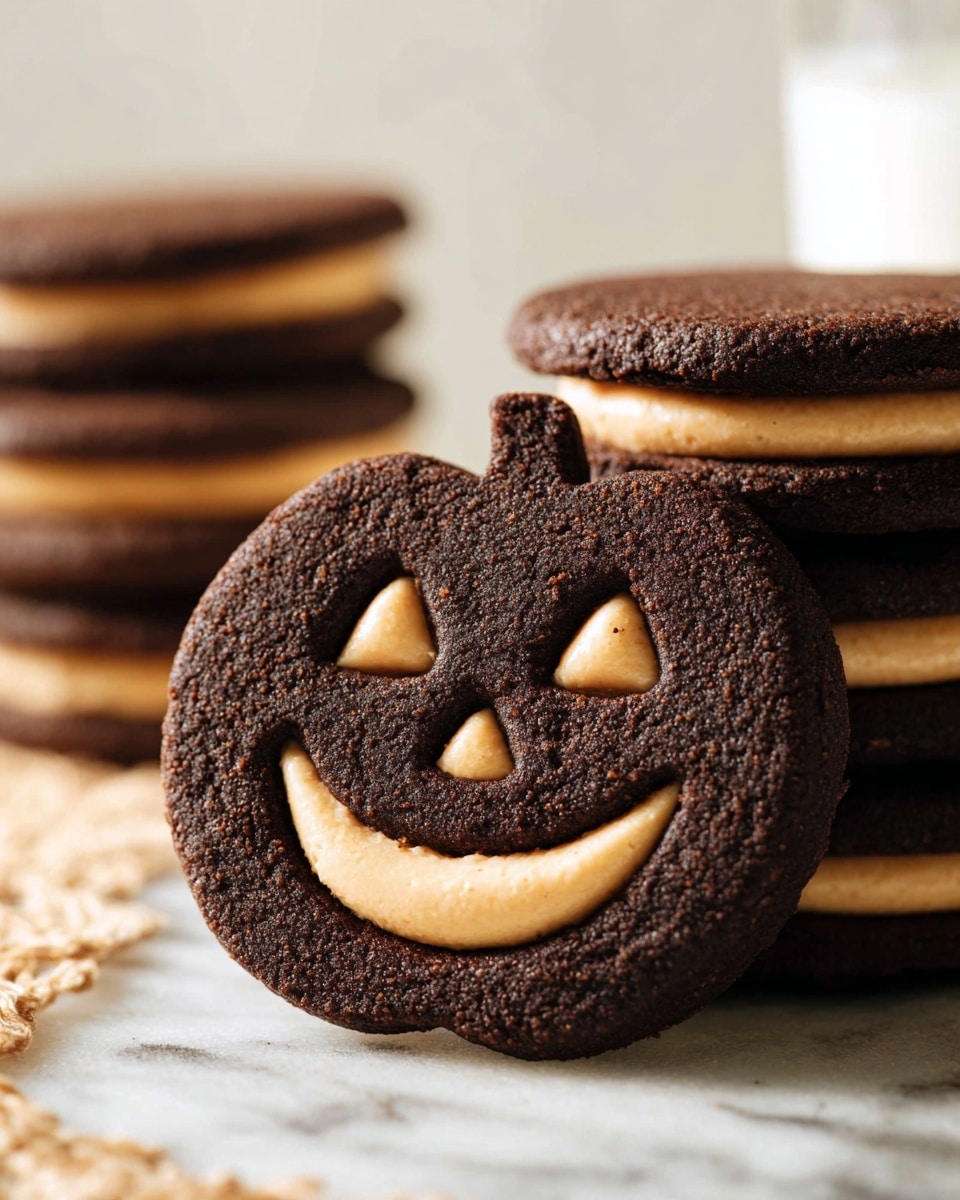 The image shows a close-up of a dark brown pumpkin-shaped cookie with a carved face that has triangle eyes and a big smile, filled with light tan cream. Behind it, there is a stack of similar cookies with the same light tan cream layer in the middle, placed on a white marbled surface. The texture of the cookies is slightly rough and looks soft. The background is light and out of focus, showing a glass of milk on the right side. photo taken with an iphone --ar 4:5 --v 7