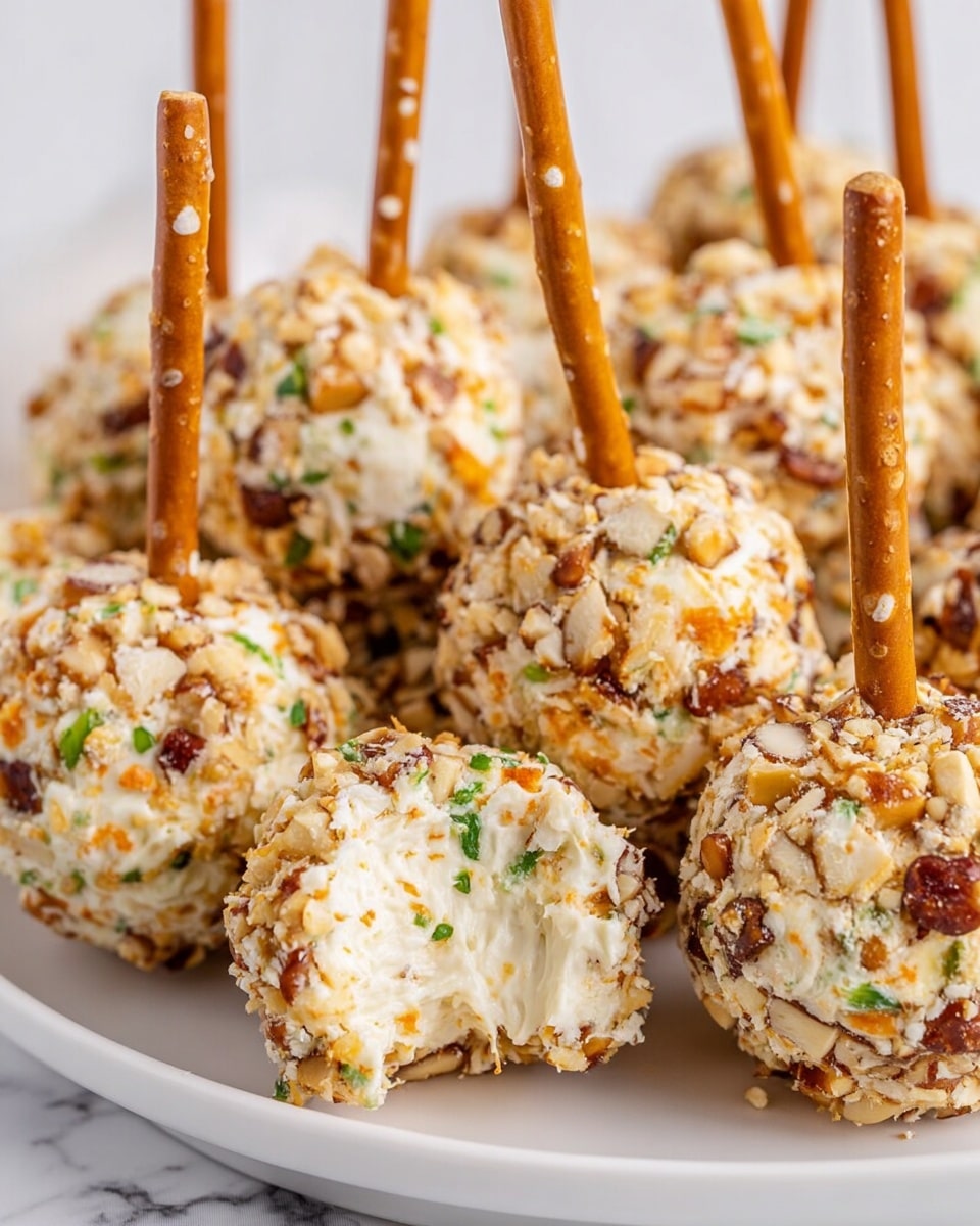 The image shows a white bowl filled with round cheese balls covered in crushed nuts, giving them a rough, textured surface with shades of light brown and hints of green from small herbs mixed in. Each cheese ball is pierced with a thin, golden brown pretzel stick standing upright or resting diagonally within the bowl. One cheese ball is bitten into, revealing a soft, creamy white cheese inside with specks of green and orange, contrasting with the crunchy nut coating outside. The bowl is placed on a white marbled surface. Photo taken with an iphone --ar 4:5 --v 7