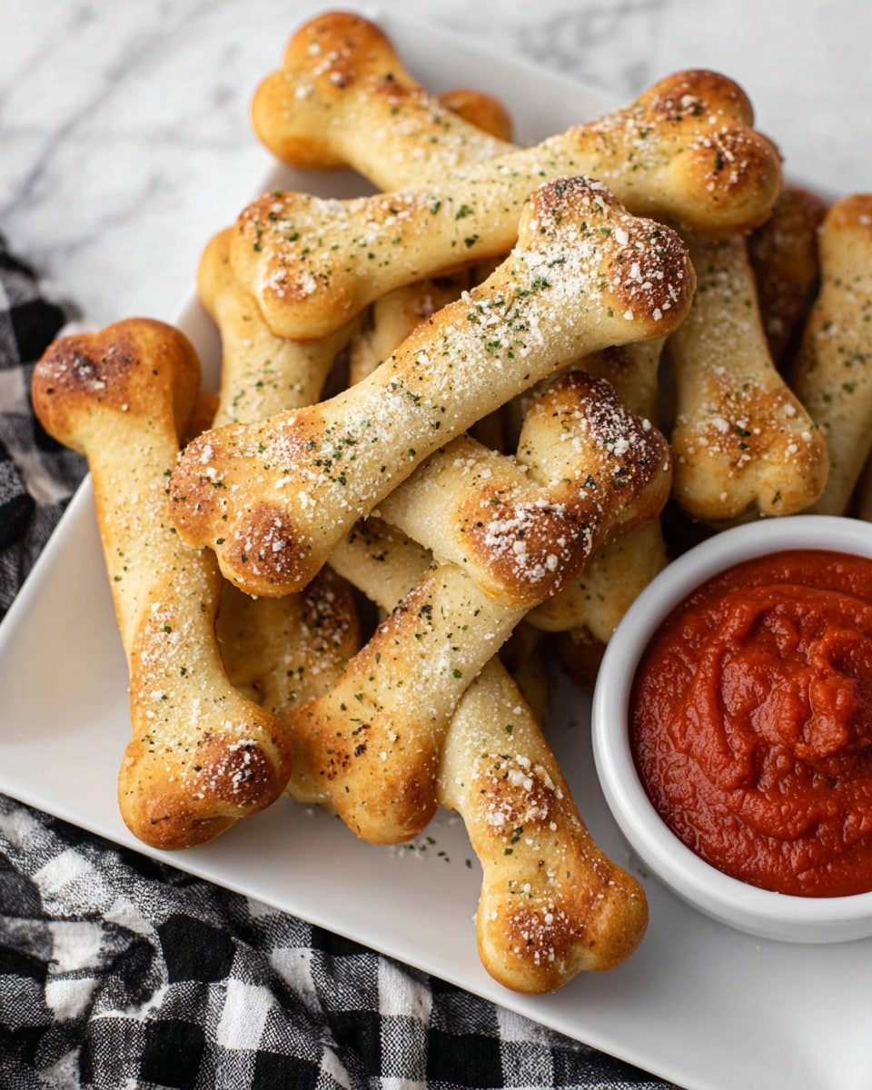 Several golden brown breadsticks shaped like bones lie close together on a white marbled surface. Each breadstick has a smooth, slightly puffed texture with curled ends resembling bones and is sprinkled with a fine layer of white powder, likely grated cheese or flour, with little flecks of green herbs scattered around. The breadsticks have a slight shine from baking and appear soft yet slightly crisp on top. Photo taken with an iphone --ar 4:5 --v 7