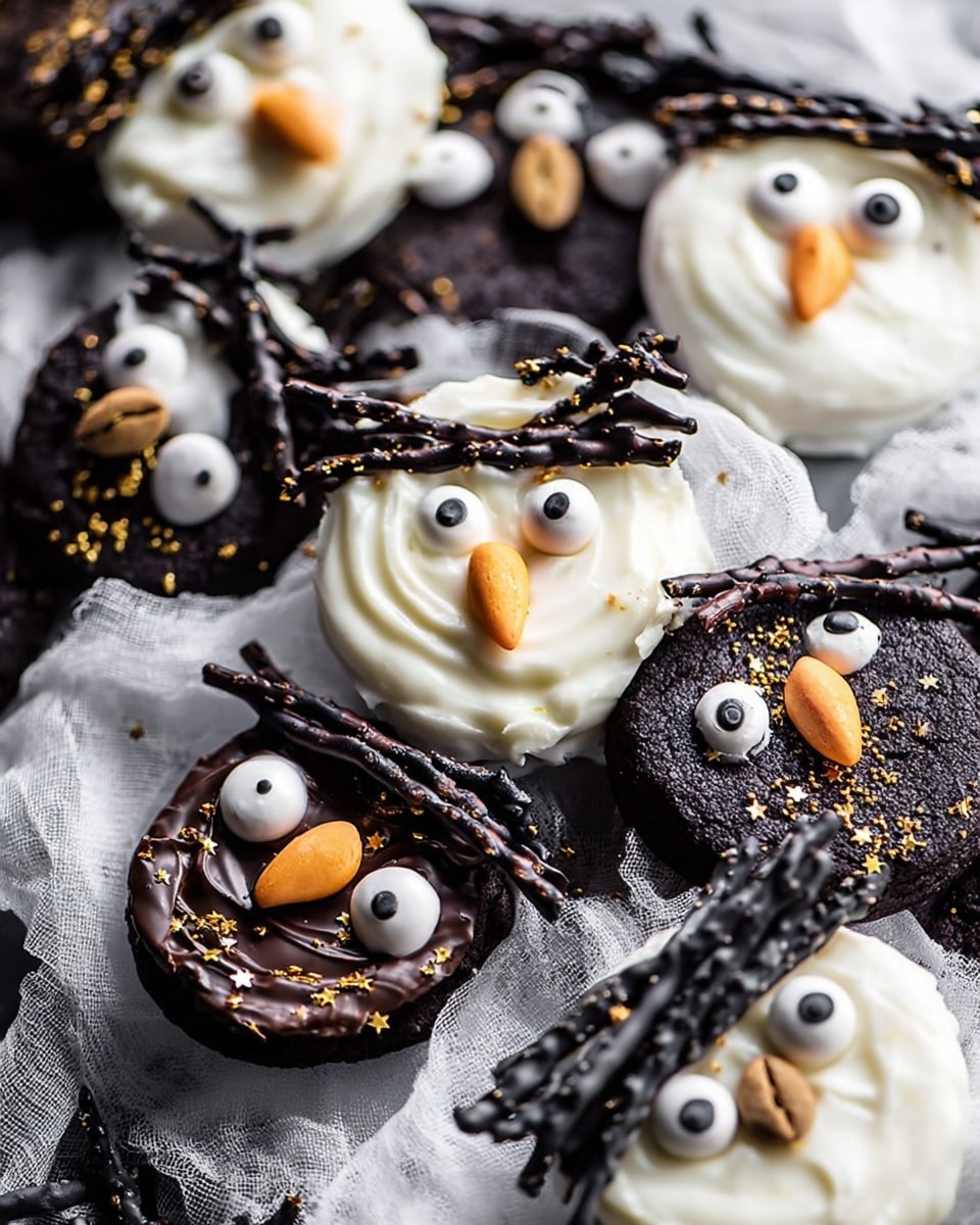 This image shows several spooky face cookies arranged on a white marbled surface with a white cheesecloth underneath. Each cookie has a dark chocolate outer base, topped with a thick layer of white frosting. The eyes are made from round candy eyes placed on top of the frosting. Some faces have black licorice pieces forming eyebrows or hair across the top. A few cookies have orange candy for a nose while others use small chocolate coffee beans. One cookie in the back is covered with melted white chocolate that is swirled and folded to create a ghostly face with candy eyes. There are also chocolate-covered pretzel sticks decorated with tiny gold star sprinkles scattered around. photo taken with an iphone --ar 4:5 --v 7