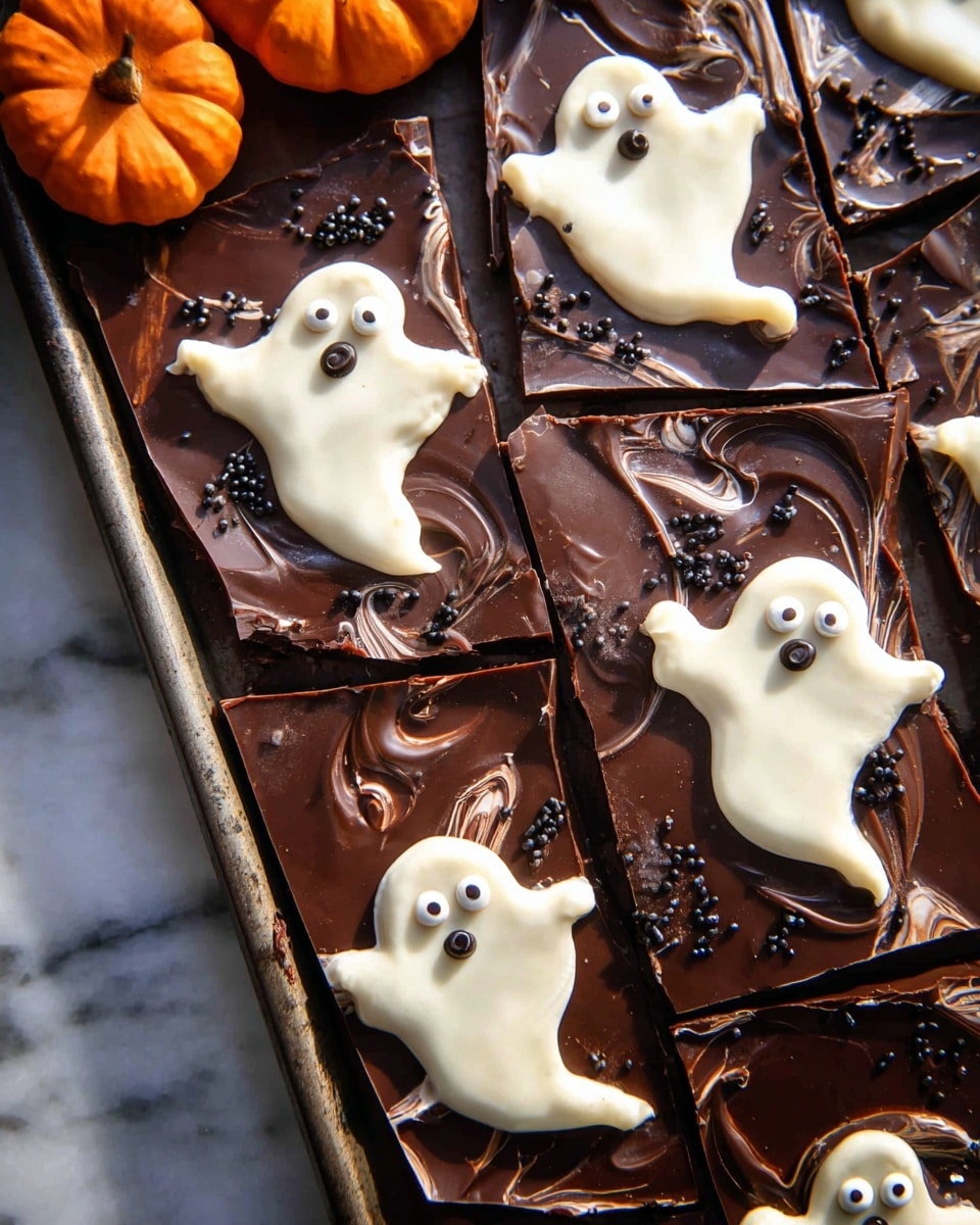 The image shows a tray of chocolate bark cut into irregular pieces, each piece decorated with white ghost shapes. The base layer is a smooth, dark chocolate with swirled textures, while the ghosts are made of white chocolate, each with two small candy eyes. The dark chocolate layer is shiny with rich marbling, and some pieces have small black sprinkles scattered on the surface. At the top, dried miniature orange pumpkins add a fall or Halloween vibe, all placed on a white marbled surface. Photo taken with an iphone --ar 4:5 --v 7