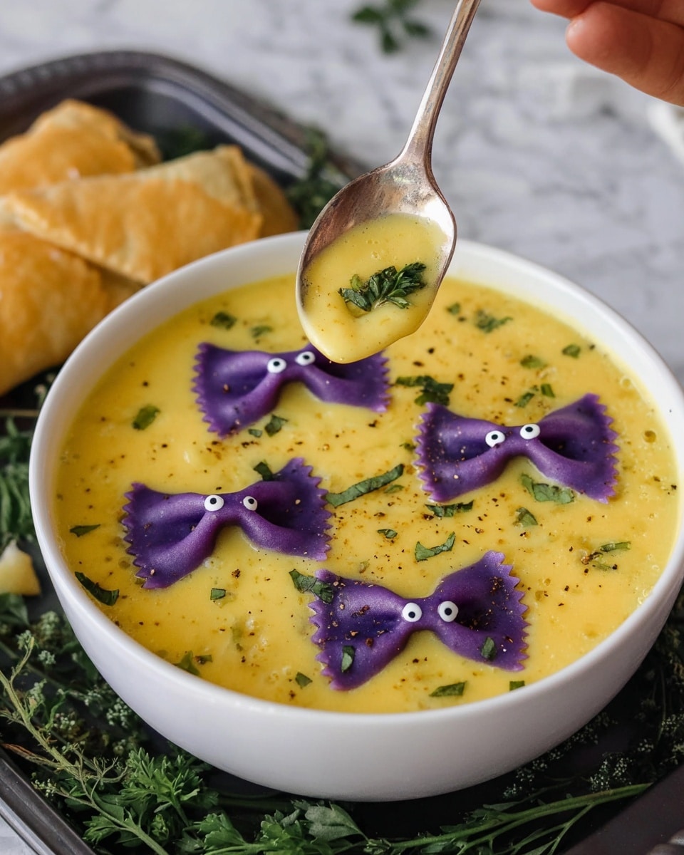 A white round bowl filled with thick, smooth yellow soup with small green herb pieces scattered on top; three purple bow-tie pasta pieces float on the surface, each decorated with two small white dots resembling eyes; a vintage silver spoon is held over the bowl by a woman's hand, scooping up a portion of the yellow soup with a small green herb leaf on it; fresh green parsley surrounds the bowl on a white marbled surface, and a folded piece of bread is seen partially in the background. photo taken with an iphone --ar 4:5 --v 7