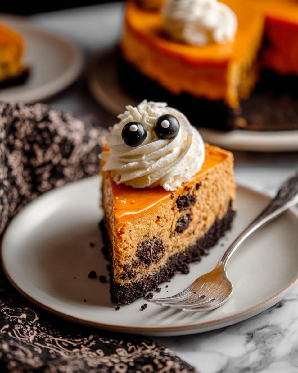 A slice of orange cheesecake with dark cookie crumbs mixed throughout the creamy middle layer, resting on a dark cookie crumb crust. The top is smooth and shiny, with a swirl of white whipped cream adorned with two small candy eyes. The slice is placed on a dark plate, set against a soft fabric background with warm lighting highlighting the texture and colors of the cake. In the blurred background, more slices of the same cake are visible. photo taken with an iphone --ar 4:5 --v 7