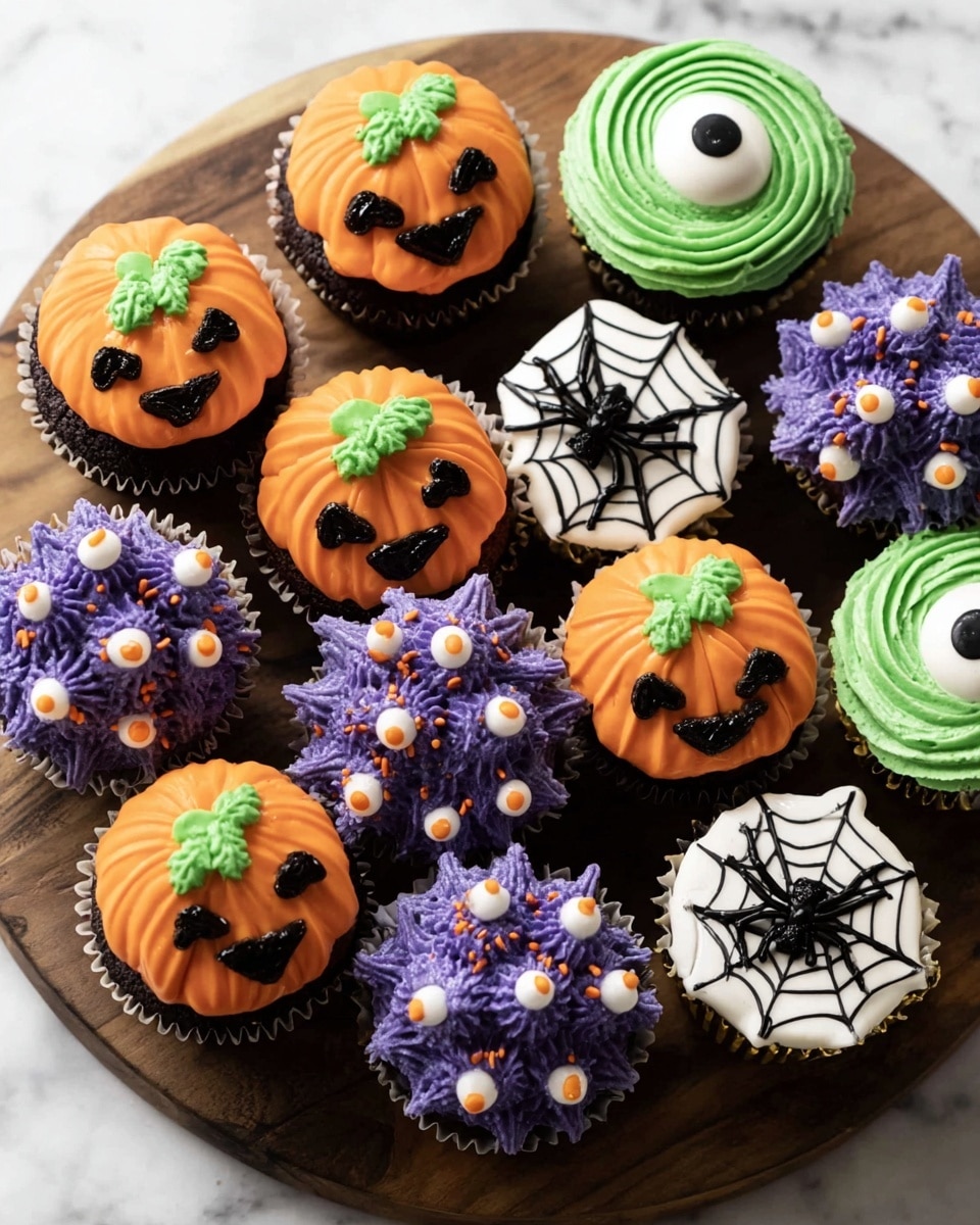 The image shows a round wooden board with twelve cupcakes decorated in a Halloween theme, placed on a white marbled surface. There are three different types of cupcakes: pumpkin cupcakes with one thick, smooth layer of bright orange frosting topped with small green leaves and black smiling jack-o'-lantern faces; purple star-shaped frosting cupcakes with multiple small pointed layers, each topped with several edible white eyeballs and tiny orange sprinkles; and white frosting cupcakes with smooth bases decorated with black spider webs and small black spiders with white eyes. In addition, there are green frosted cupcakes with one smooth spiral layer topped with a single large white eyeball. The cupcakes are arranged close together, showing a mix of textures and bold colors. photo taken with an iphone --ar 4:5 --v 7