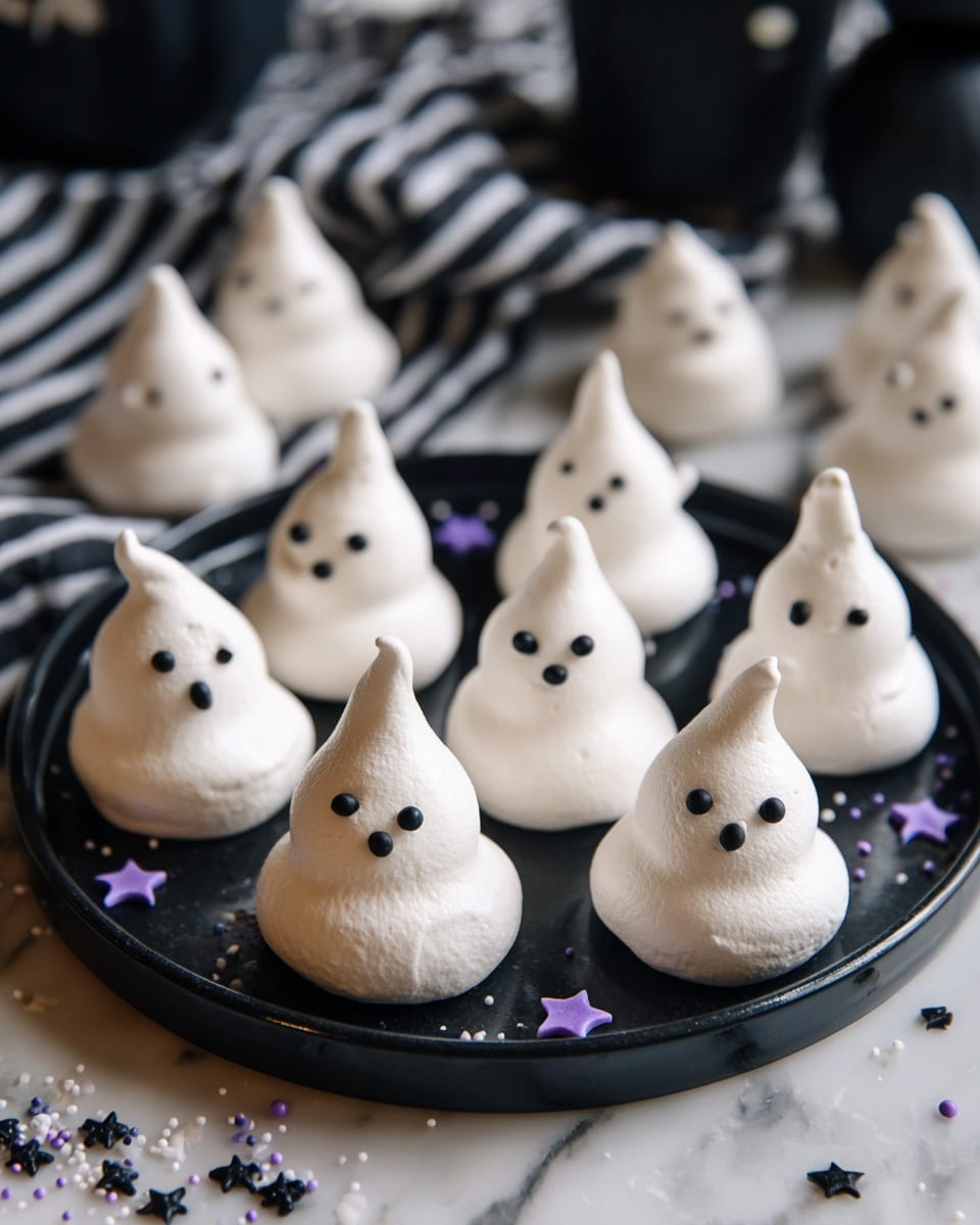 The image shows a group of white meringue ghosts with pointy tops arranged on a black round plate placed on a white marbled surface. Each ghost has two small black dot eyes and a round black dot mouth made from edible decorations. The meringues vary in size with smooth, slightly bumpy texture and some have a slight shine. Around the plate are small star-shaped and round purple, white, and black sprinkles scattered for decoration. In the background, there are blurred black and white striped cloth and a few more meringue ghosts. Photo taken with an iphone --ar 4:5 --v 7