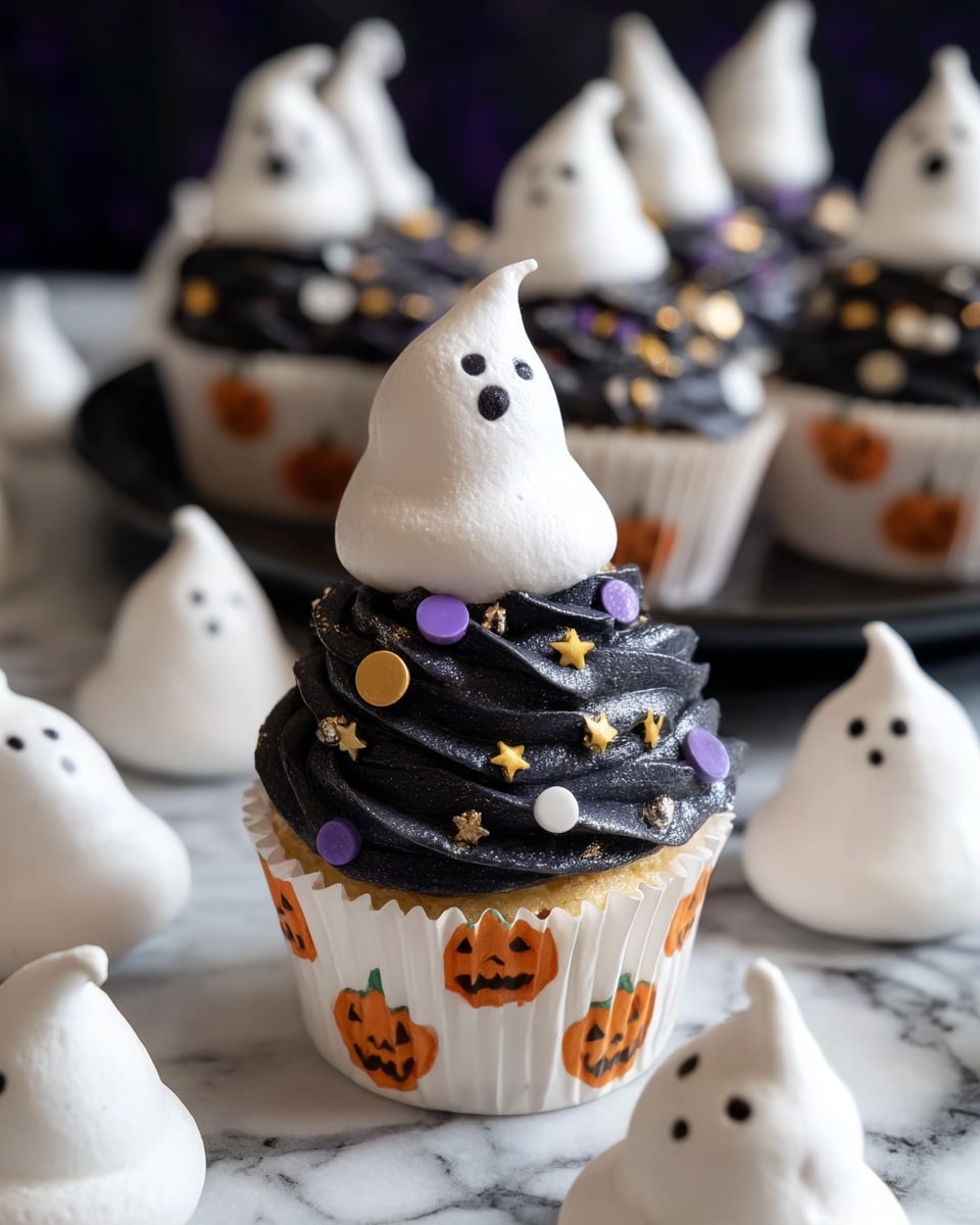 The image shows a single cupcake with three distinct layers. The base layer is the white cupcake wrapper decorated with small orange pumpkin faces. The middle layer is a thick swirl of black frosting that looks creamy and smooth, topped with purple, gold, and white star, moon, and circle sprinkles scattered on the frosting. The top layer is a small white meringue shaped like a ghost with big black eyes and an open mouth on the peak. Around the cupcake, there are many similar white ghost meringues spread against a dark plate, all placed on a white marbled surface. Photo taken with an iphone --ar 4:5 --v 7