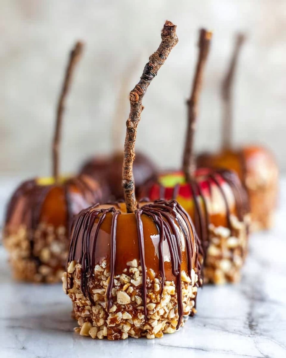 The image shows six caramel apples lined up on a white marbled surface, each with a stick made from a twig. Each apple is coated in shiny caramel that covers the top part and drips down the sides. The bottom of each apple is dipped in chopped nuts creating a rough texture layer. There is a layer of dark chocolate drizzled over the caramel, forming thin wavy lines. The apples have a red and yellow color showing through the caramel. The sticks are tall, rough twigs adding a natural look. The focus is on the closest apple, with the others softly blurred in the background. Photo taken with an iphone --ar 4:5 --v 7