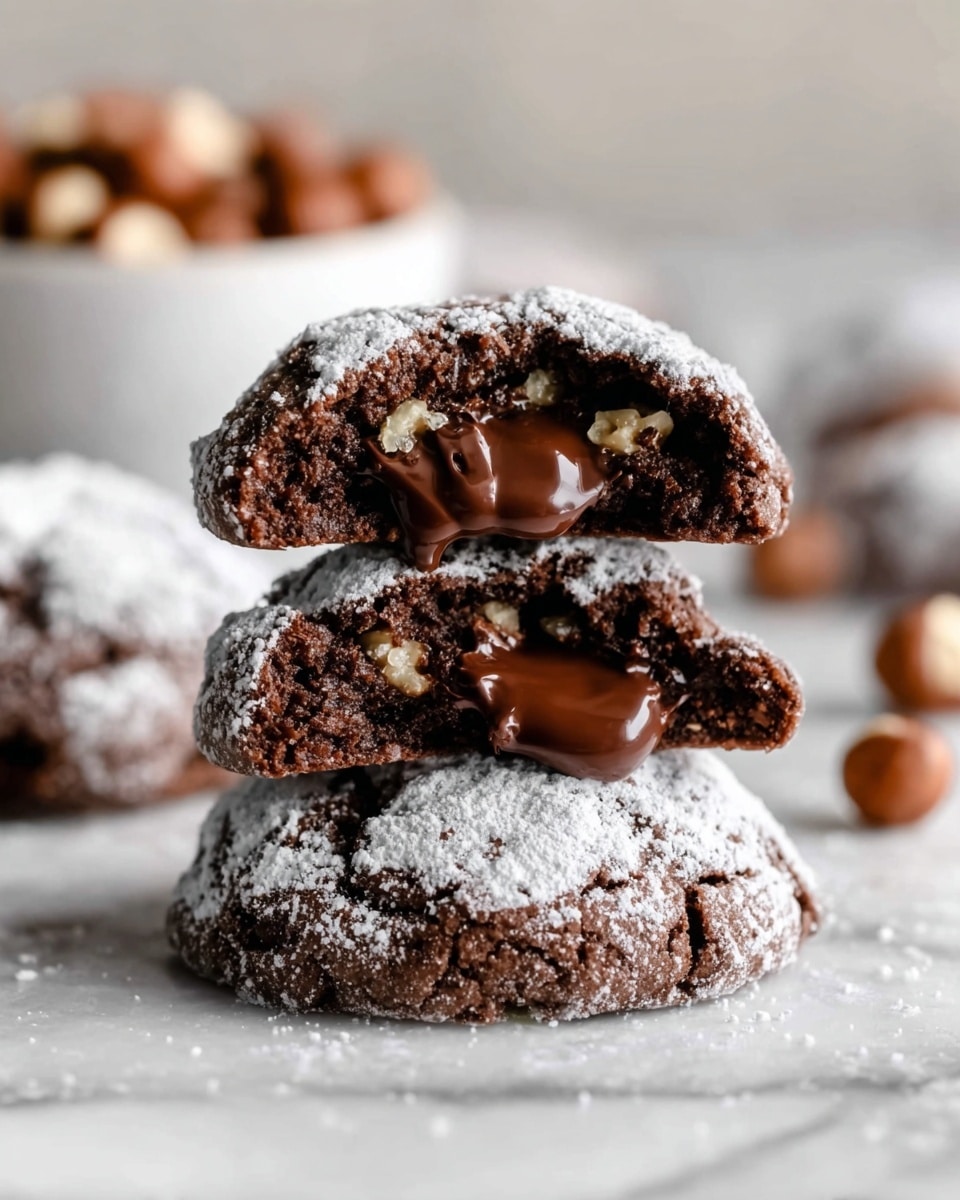 The image shows a stack of three soft chocolate cookies covered lightly with powdered sugar, placed on a white marbled surface. The bottom cookie is whole, dark brown with a slightly cracked surface dusted with white powdered sugar. On top of it, two broken cookie halves reveal a rich, melted chocolate center that looks smooth and shiny, with small nut pieces inside the cookie dough. The background is softly blurred with a white bowl filled with hazelnuts visible in the back, enhancing the cozy and sweet feeling. photo taken with an iphone --ar 4:5 --v 7