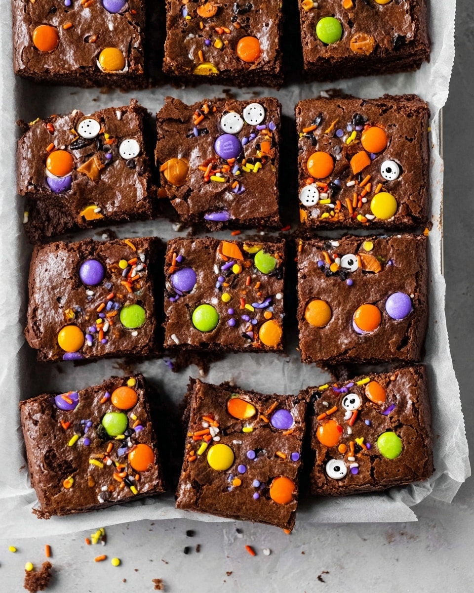 Twelve square chocolate brownies sit in a single layer on a white marbled tray lined with slightly crinkled clear parchment paper. Each brownie has a rich, dark brown base topped with colorful round candies in shades of orange, yellow, purple, and green embedded within the surface. Sprinkles in orange, black, white, purple, and green are scattered all over, with some tiny white circles with black centers adding a playful touch. The brownies have a soft, slightly shiny texture with visible cracks on top, and a few crumbs and stray sprinkles are scattered on the white marbled surface around the tray. Photo taken with an iphone --ar 4:5 --v 7