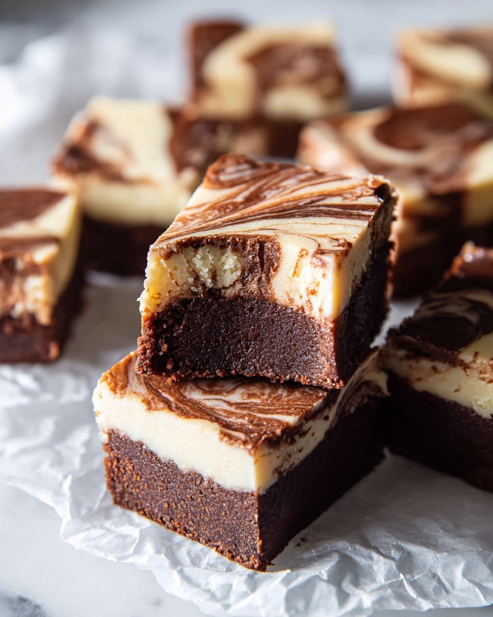 The image shows square pieces of dessert with two clear layers: a thick, dark brown bottom layer that looks dense and moist, and a lighter cream-colored top layer with swirled brown patterns creating a marbled effect. One piece in the center is stacked on top of another, revealing the soft texture inside with a bite taken out. The dessert pieces are placed on crinkled white paper over a white marbled surface, with more pieces blurred in the background. Photo taken with an iphone --ar 4:5 --v 7