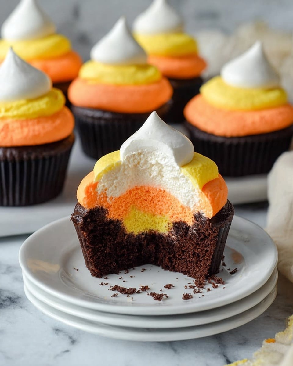 The image shows multiple chocolate cupcakes with three layers of frosting swirled on top in concentric circles. The bottom layer of frosting is bright yellow, the middle layer is soft orange, and the top layer is white with a smooth, creamy texture. One cupcake is cut in half in the front, showing a dark chocolate cake base and the same three-colored frosting inside, matching the top swirls. The cupcakes sit on a white plate against a white marbled surface with some crumbs scattered nearby. Photo taken with an iphone --ar 4:5 --v 7