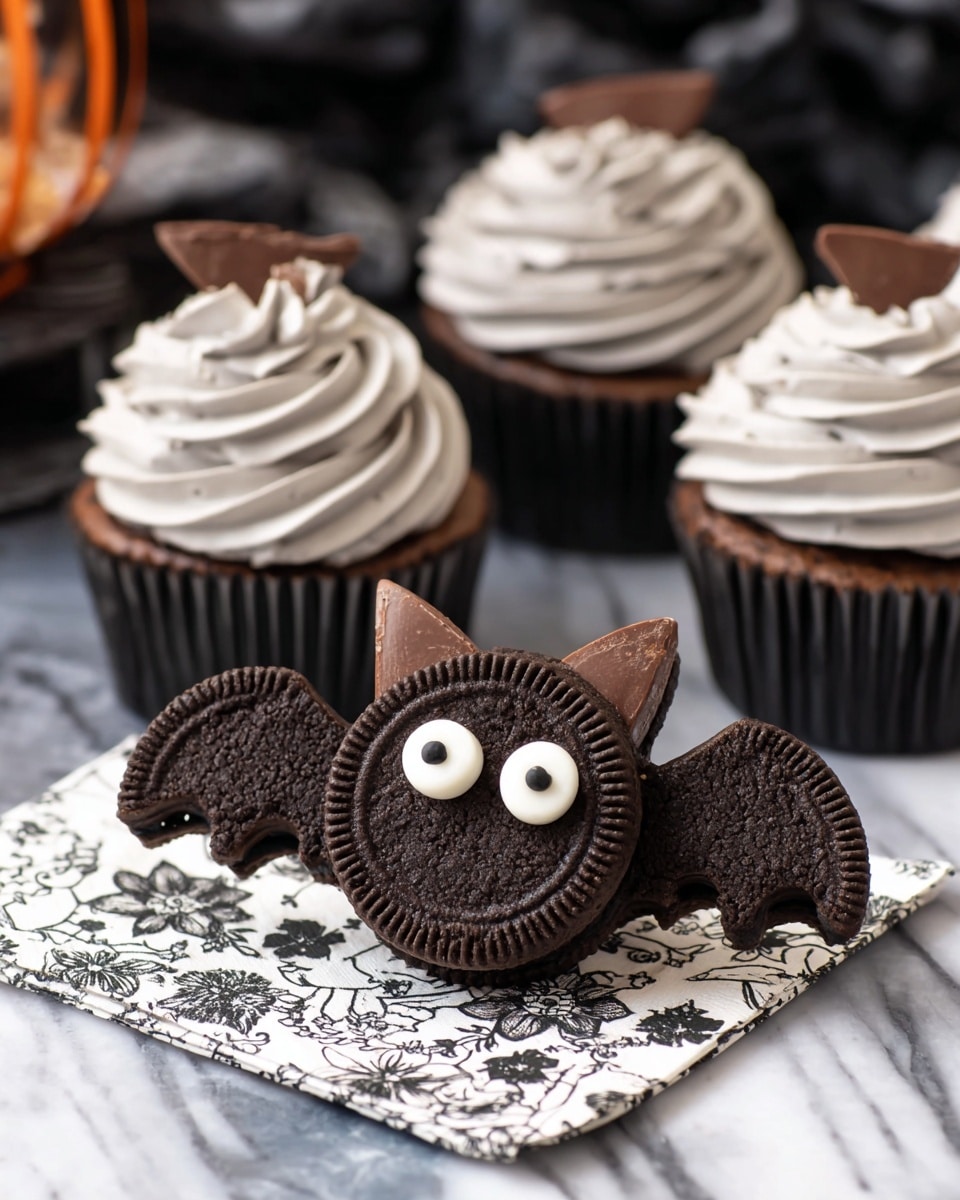 The image shows a Halloween-themed bat-shaped treat made from three dark chocolate sandwich cookies forming the main body and wings. The center cookie has two small white candy eyes with black pupils on it, and two small triangular pieces of chocolate are placed at the top to look like bat ears. Behind this treat, there are chocolate cupcakes in white paper liners, each with a thick swirl of light gray frosting that has a whipped texture. The treats and cupcakes are on a folded white napkin with a black floral pattern, all placed on a white marbled surface. In the background, some dark, blurry shapes add depth but keep the focus on the bat treat and cupcakes. photo taken with an iphone --ar 4:5 --v 7