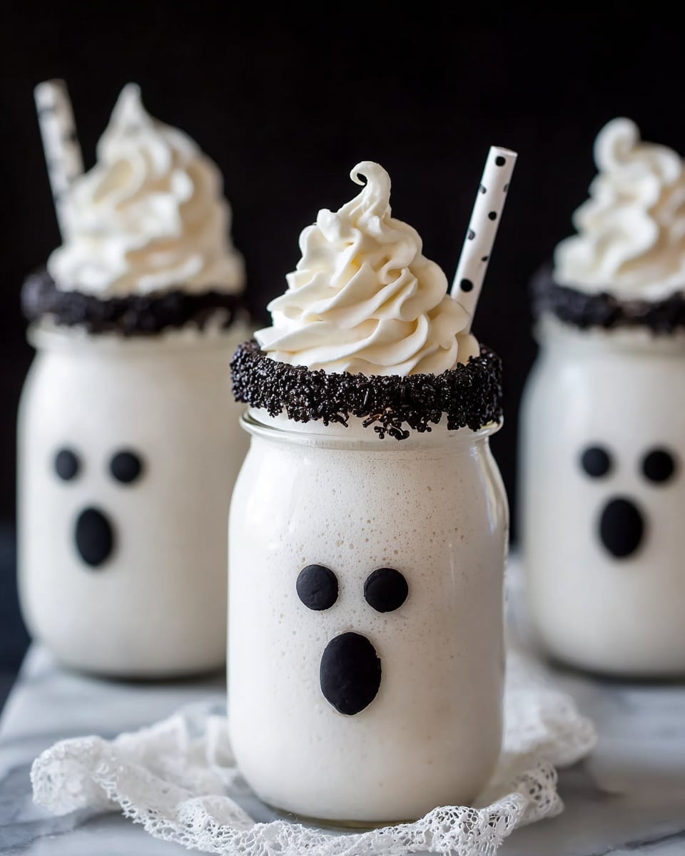 The image shows three white jars filled with a creamy white milkshake. Each jar has a rim coated with dark sugar crystals, standing out against the smooth white milkshake inside. On top, there is a large swirl of whipped cream, soft and fluffy in texture. The front jar has a white straw with black polka dots placed at an angle, sticking out of the whipped cream. Each jar has two black oval shapes near the top and a larger black oval below, making a ghost face. The jars sit on a white marbled surface with a soft lace cloth nearby, and the background is dark, making the white jars bright and clean. photo taken with an iphone --ar 4:5 --v 7