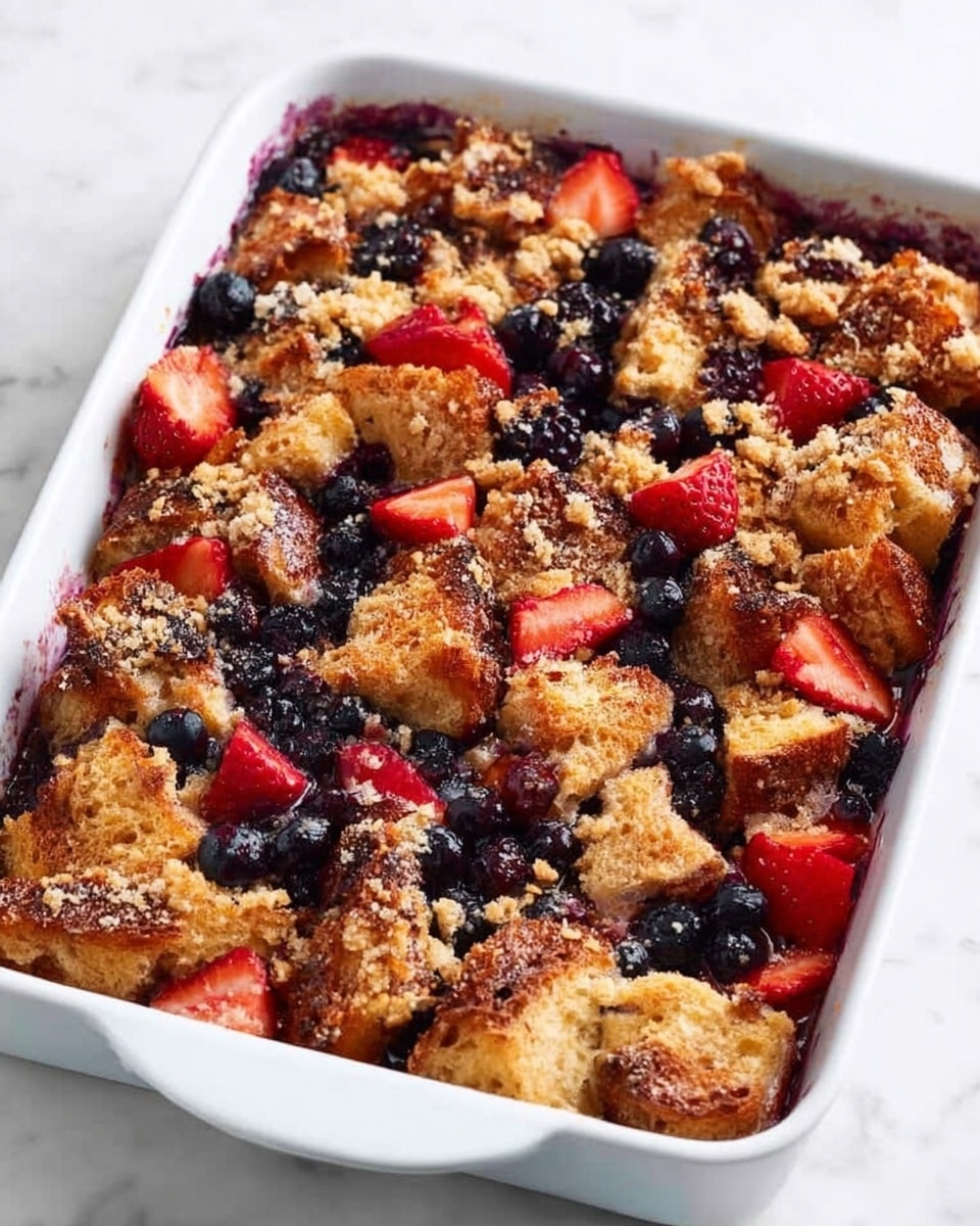 A close-up view of a dessert in a white rectangular baking dish, filled with layers of golden-brown toasted bread pieces mixed with dark blackberries, plump blueberries, and bright red raspberries. The bread pieces have a crumbly texture with small granules on top, and the berries are nestled throughout, some slightly juice-stained on the bread. A wooden spoon is partly scooping into the dish from the left side. The dish sits on a white marbled surface with a white cloth with red stripes underneath visible at the bottom left corner. Photo taken with an iphone --ar 4:5 --v 7