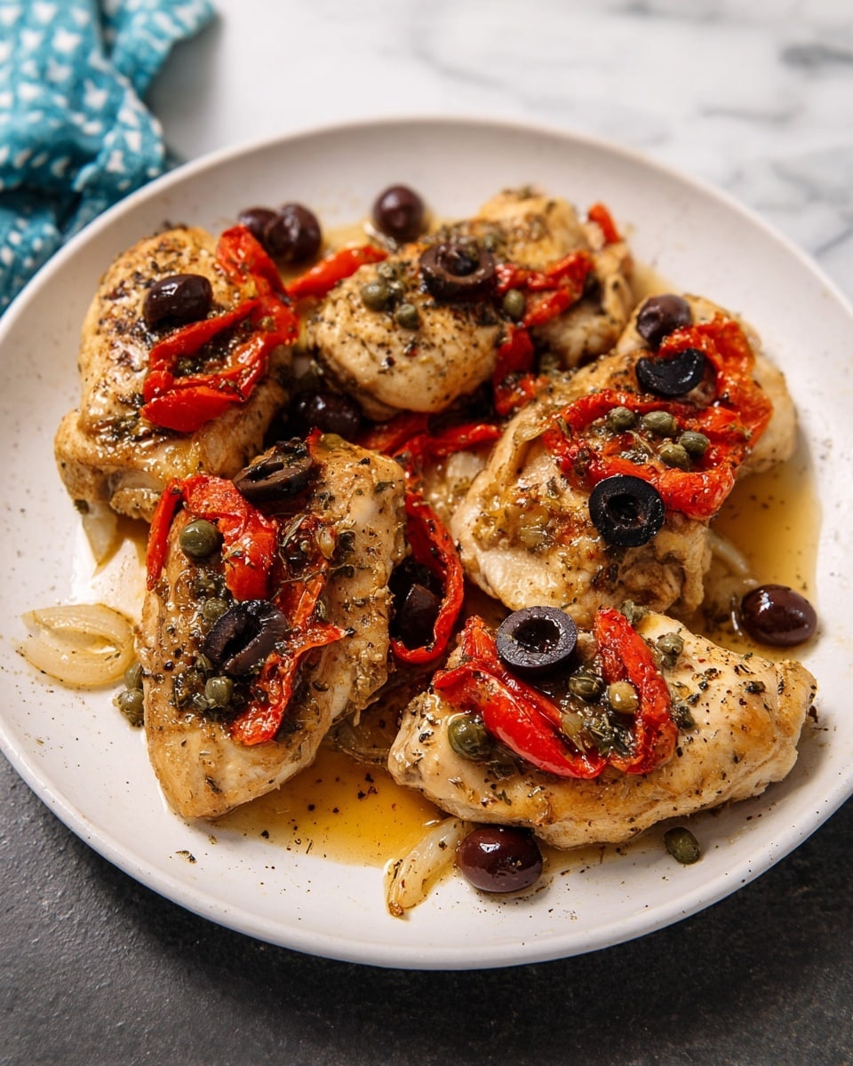 A white plate holds five pieces of golden-brown cooked chicken, each topped with small sliced black olives and reddish roasted pepper strips. Around the chicken pieces, there are some cooked translucent onion slices and green capers scattered, adding texture. The chicken looks seasoned with visible black pepper and herbs, sitting lightly in a thin sauce that pools slightly on the plate. The background shows a white marbled surface with a bit of a blue and white cloth in the corner. Photo taken with an iphone --ar 4:5 --v 7