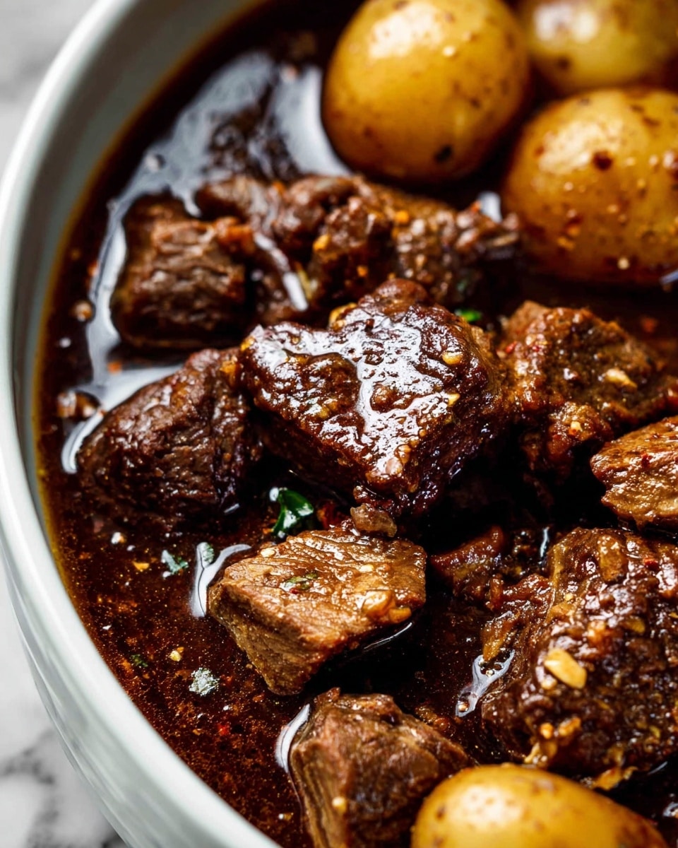 The image shows a close-up of chunks of dark brown cooked meat with a slightly rough texture, sitting in a glossy dark brown sauce that has small bits of seasoning floating in it. Around the meat, there are whole small light brown potatoes visible on the edges of a white bowl with a smooth surface. The background is a white marbled texture. The photo taken with an iphone --ar 4:5 --v 7